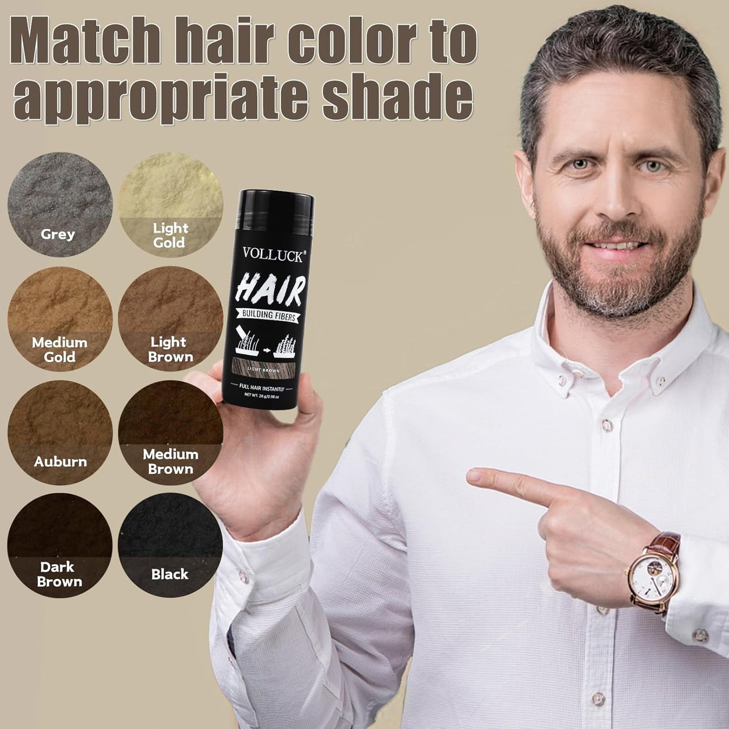 VOLLUCK Hair Fibers for Thinning Hair, Instant Coverage Hair Building Fibers for Women and men, Natural Hair Powder for Conceal Hair Loss 28 g (Light Brown)