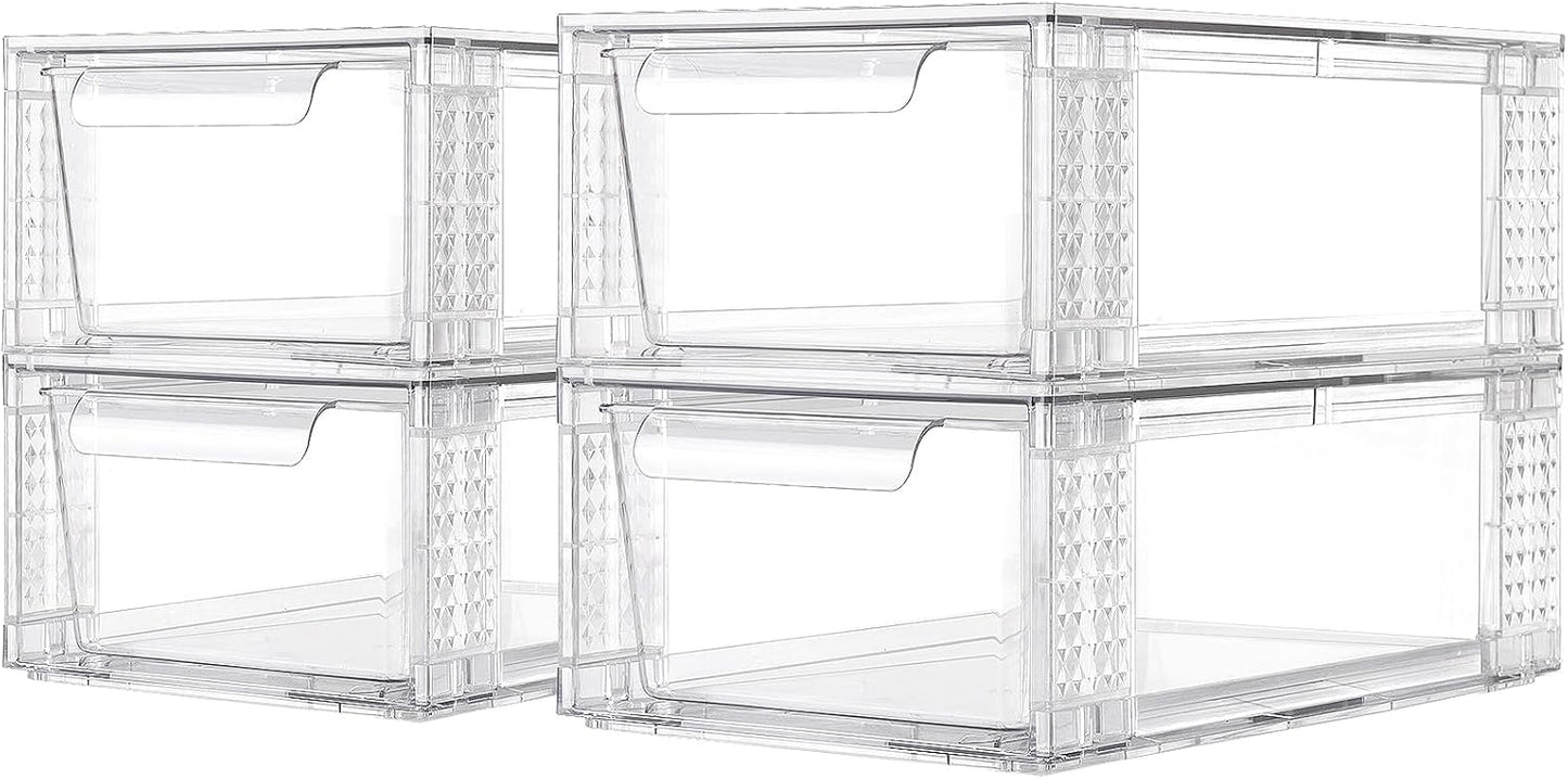 4 Pack Clear Stackable Storage Drawers, 3.95" H Easily Assemble Acrylic Organizer Bins - Multi-Use for Make up, Closet, Pantry, Bathroom, Medicine, Kitchen Cabinet & Undersink Organization