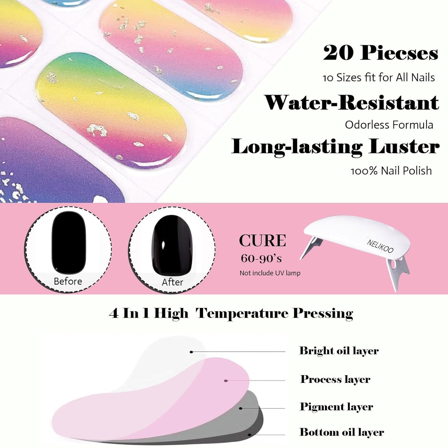 Semi Cured Gel Nail Strips, 20 pcs Gel Nail Stikers, Gel Nail Wraps Semi Cured, Salon-Quality, 2 Weeks Long Lasting