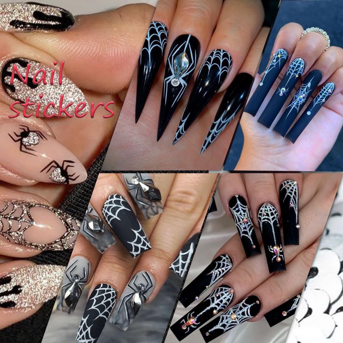 6 Sheets Spider 3D Self-Adhesive Gold Silver Red Web Star Design Decals for Women Halloween, Holiday & More: French Nail Art Supplies & Rhinestones Nail Art Charm