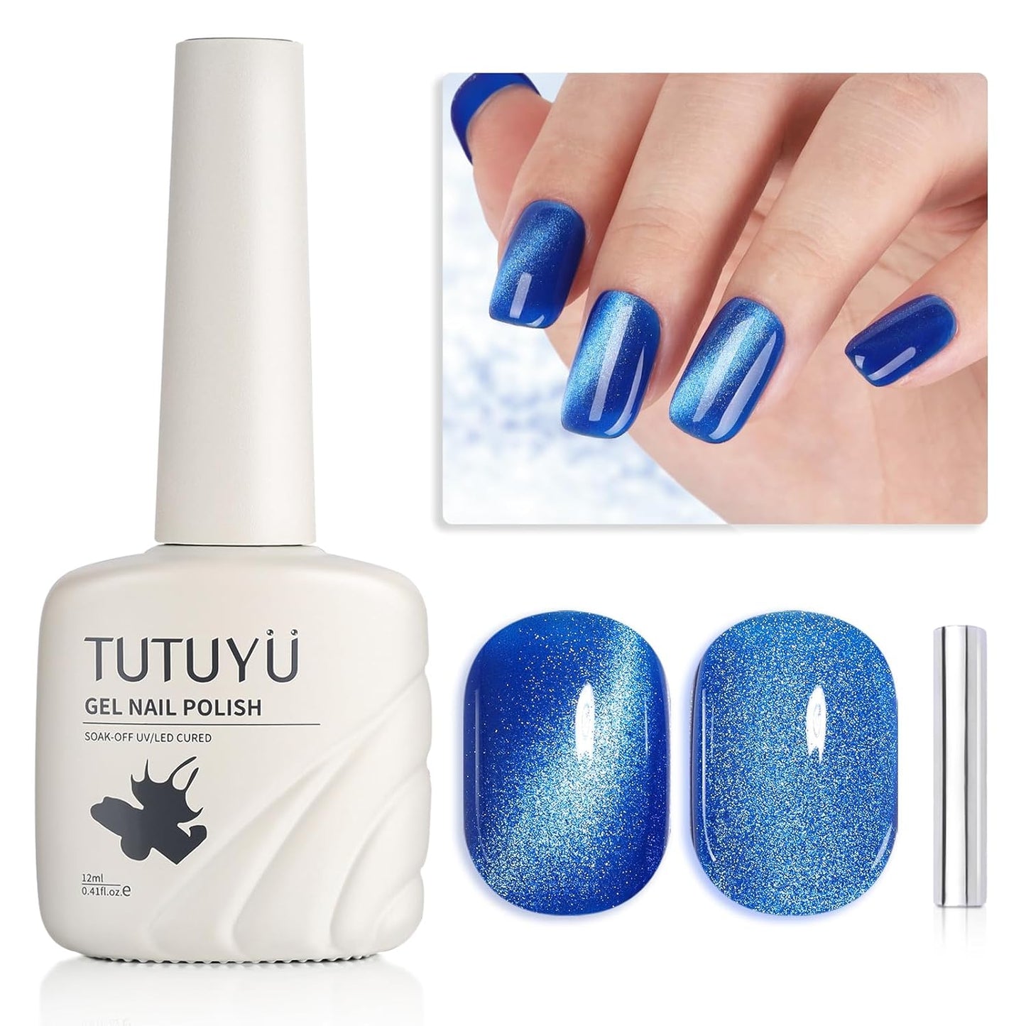 Blue Cat Eye Gel Nail Polish, LED UV Nail Lamp Needed Navy Blue Cateye Gel Polis Color for Summer Spring Winter, Perfect for DIY at Home & Ideal Gift for Nail Art Lovers!