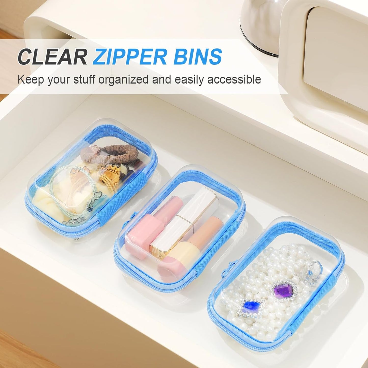 Hoolerry 3 Pcs Clear Hard Zipper Case Plastic Pouch Transparent Hard Case Clear Makeup Bag Portable Travel Organizer Bin for Cosmetics, Building Blocks, Puzzles(Blue,Xs)