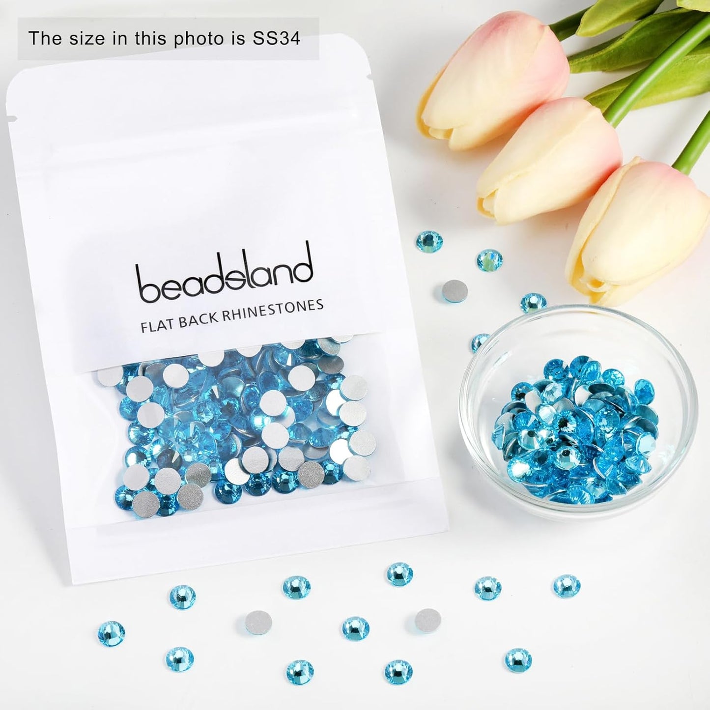Beadsland 288pcs Flat Back Crystal Rhinestones Round Gems for Nail Art and Craft Glue Fix, Capri Blue, SS34,7.1-7.3mm