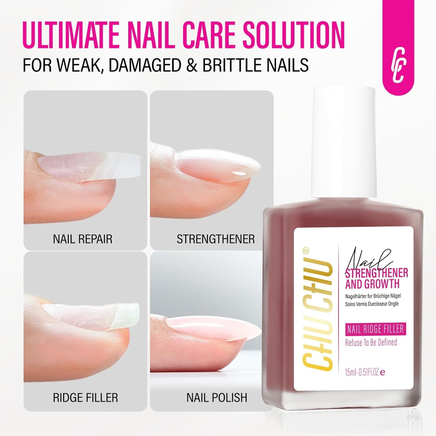 Nail Repair Hardener Extra Strong and Growth: Coral Red Natural Nail Strengthener for Enthusiast - Polish Ridge Filler Concealer for Damaged Nails 15ml