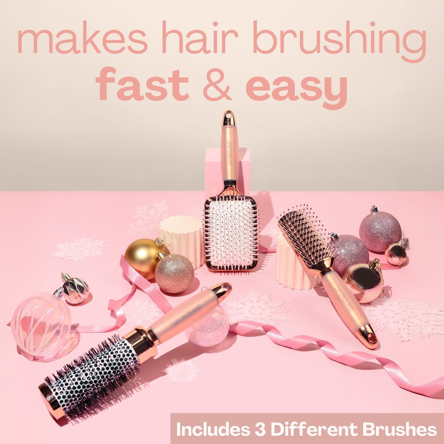 Rose Gold Hair Brush Set with Detangler and Swirl Print Heatless Curling Kit – Complete Hair Care Bundle for Smooth Styling and Effortless Heat-Free Curls