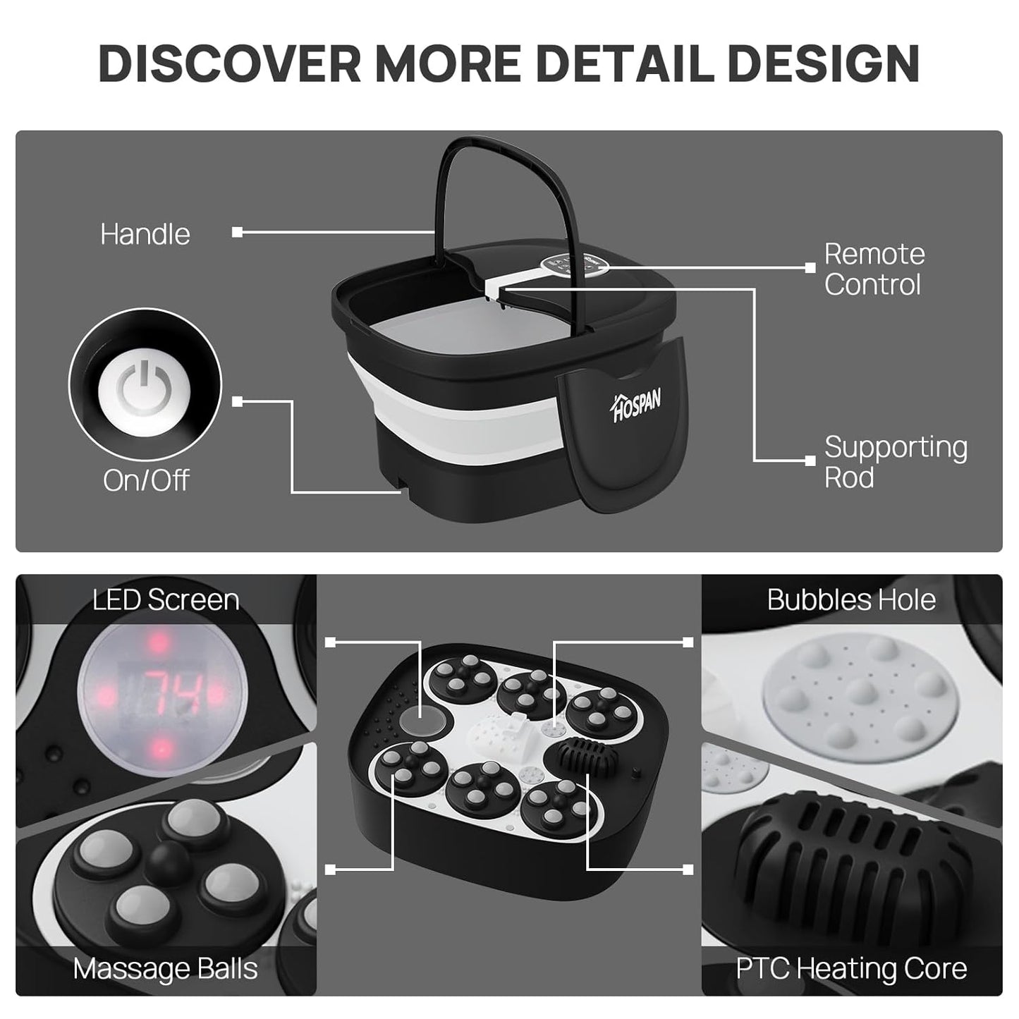 HOSPAN Collapsible Foot Spa Electric Rotary Massage, Foot Bath with Heat, Bubble, Remote, and 24 Motorized Shiatsu Massage Balls. Pedicure Foot Spa for Feet Stress Relief - FS02A