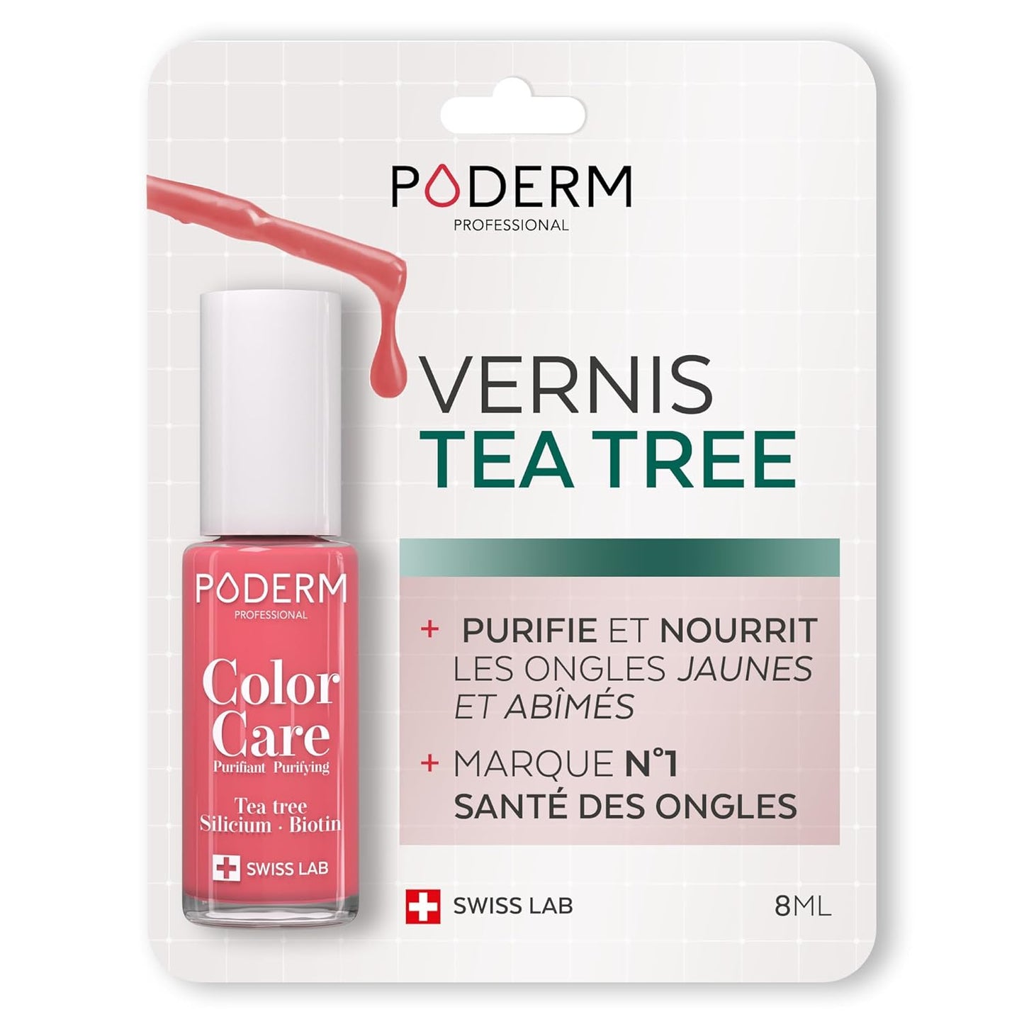 PODERM - nail Polish – Enriched with Tea Tree – Improves nail appearance – Ingredients Natural/Vegan - foot/hand - Swiss Made (Coral Pink)