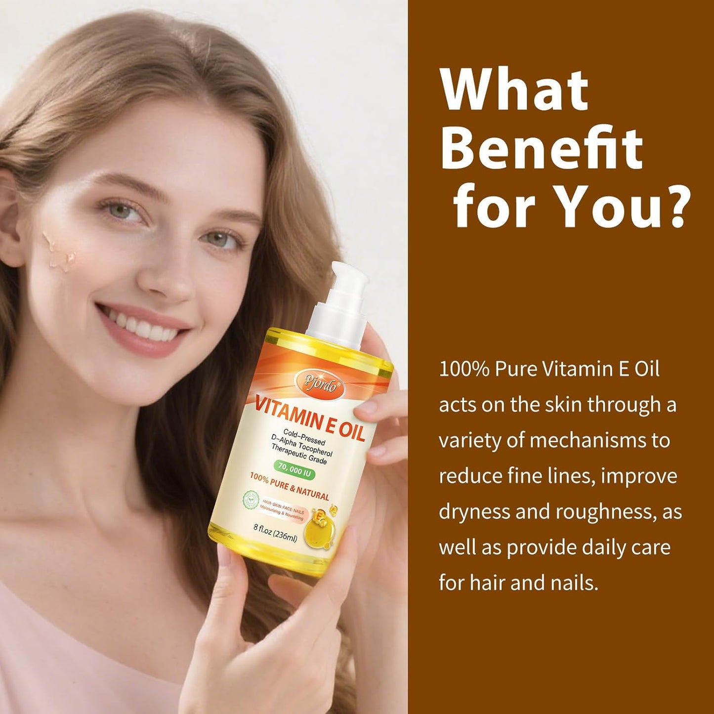 100% Pure Vitamin E Oil, 70,000 IU Organic Vitamin E for Scars, Skin, Face, Nails & Hair, Cold-Pressed Body Oil Nourishes & Moisturizes All Skin Types for Improving Skin Texture