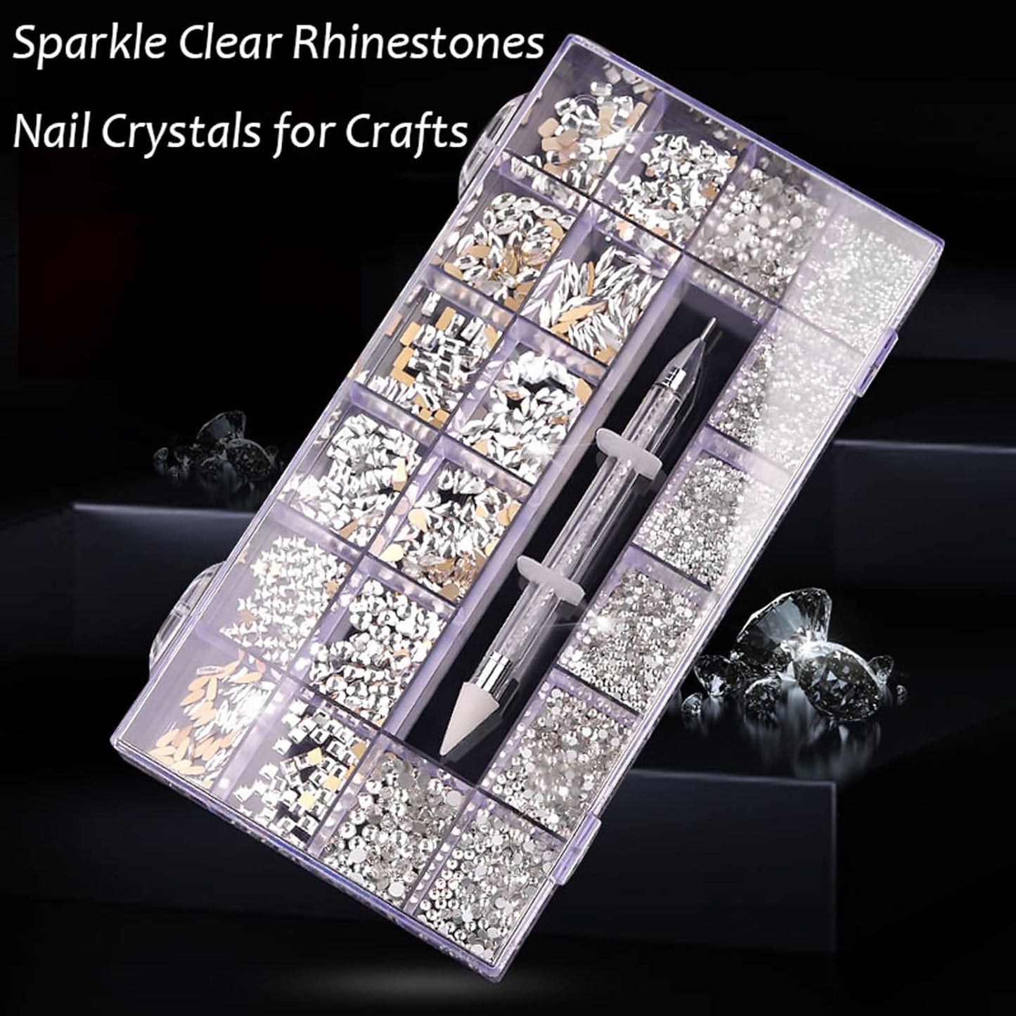 Nail Rhinestones Kit, Nail Art Decorations with Wax Pencil Flat AB Rhinestones Kit DIY Crafts Gemstones for Nail, Shoes, Clothes, Jewels (600 Aurora Diamonds + 2500 Flat Rhinestone)