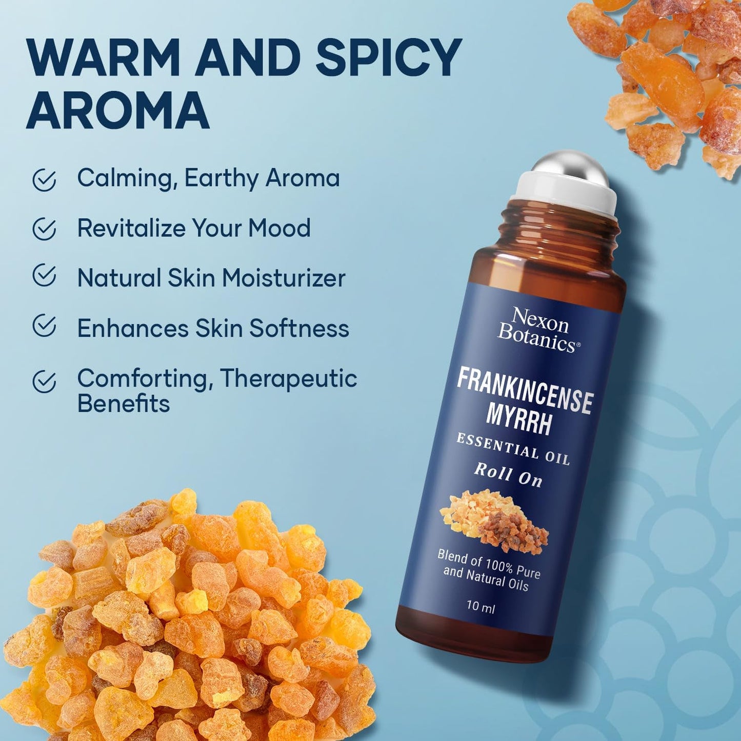 Frankincense & Myrrh Essential Oil Roll-On 10ml - 100% Pure, Natural Oil for Aromatherapy & Skin Care - Nexon Botanics