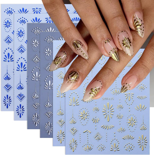 Bohemian Style Nail Stickers 3D Self Adhesive Nail Art Stickers Retro Blue Nail Decals Gold Silver Bohemian Design Flower Nail Sticker for Nail Art Decoration Manicure Accessories for Women 6 Sheets