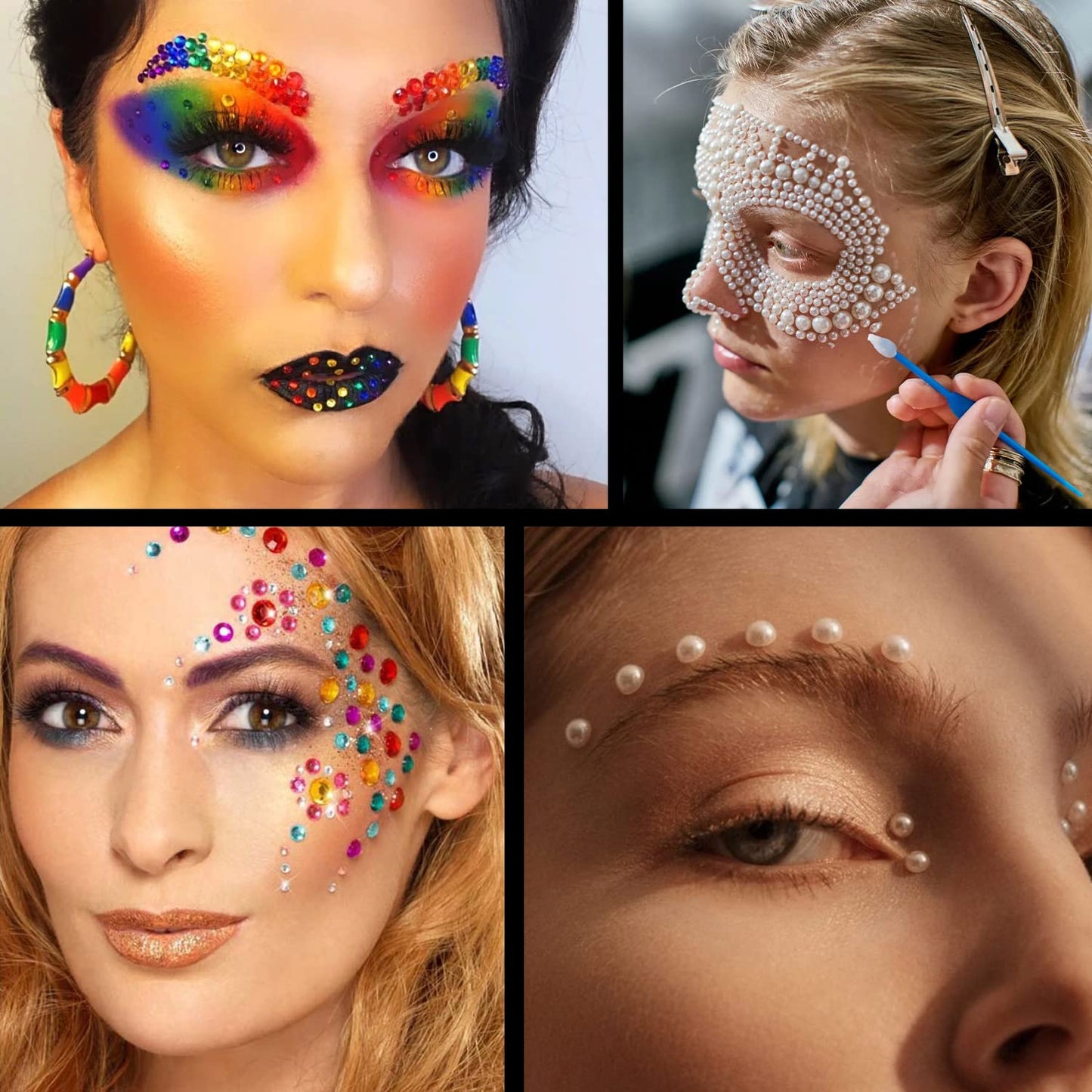 Flat Back Rhinestone+Half Round Pearl Kits Colorful Rhinestones+White&Beige Pearls with Quick Dry Makeup Glue+Picker Pencil+Tweezer for Nail Art and Face Make-up