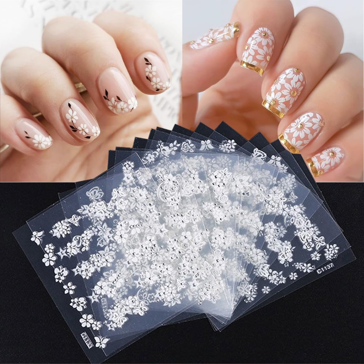 30Sheets Flower Nail Art Stickers White Black Colorful Flowers Nail Decals Daisy Rose Cherry Blossoms Nail Design Supplies 3D Self-Adhesive Floral Nail Stickers for Women DIY Nail Charms Decoration