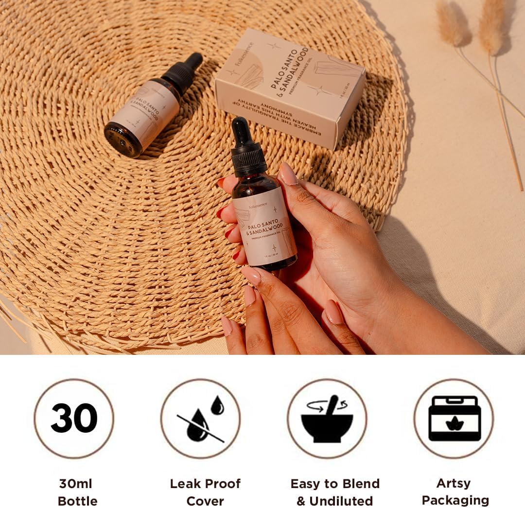 Folkulture Premium Essential Oil Blends for Diffuser for Home | 1.01 Fl Oz Sandalwood Essential Oils for Aromatherapy | Palo Santo Fragrance Oils for Soap & Candle Making Scents or Massage