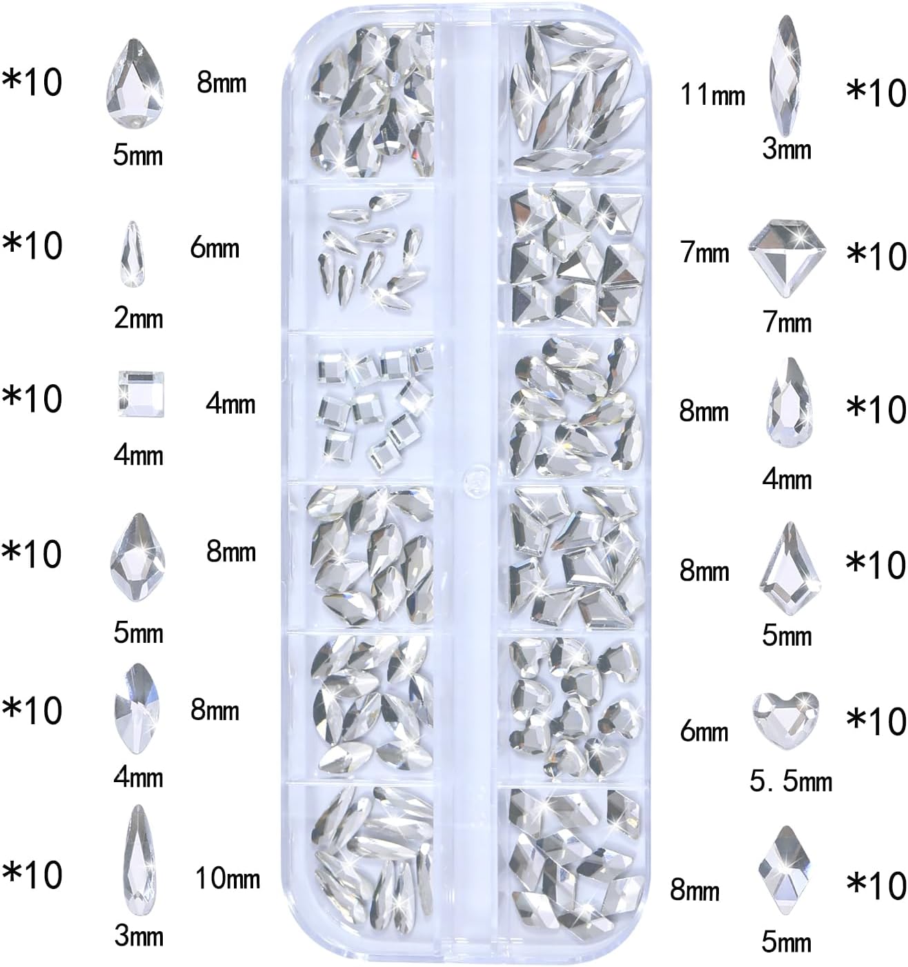 Nail Rhinestones - 3D Multi Shape Size, Flat Back, Manicure Rhinestones Charms, Crystals White Gems, with Kit, for Nail Art, Bedazzling Acrylic Nails, DIY Decor