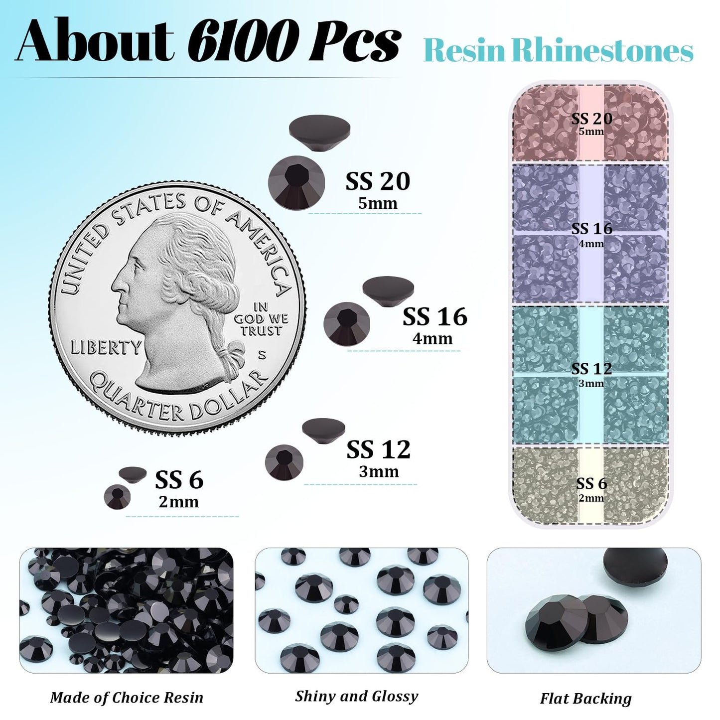 6100Pcs Resin Rhinestones for Crafting with 2Pcs 10ml B7000 Jewelry Glue, 1 Box Flatback Crystals Diamond (Black) for Bedazzling Crafts DIY Nail Art Non Hotfix Gems for Clothing Shoes Tumblers