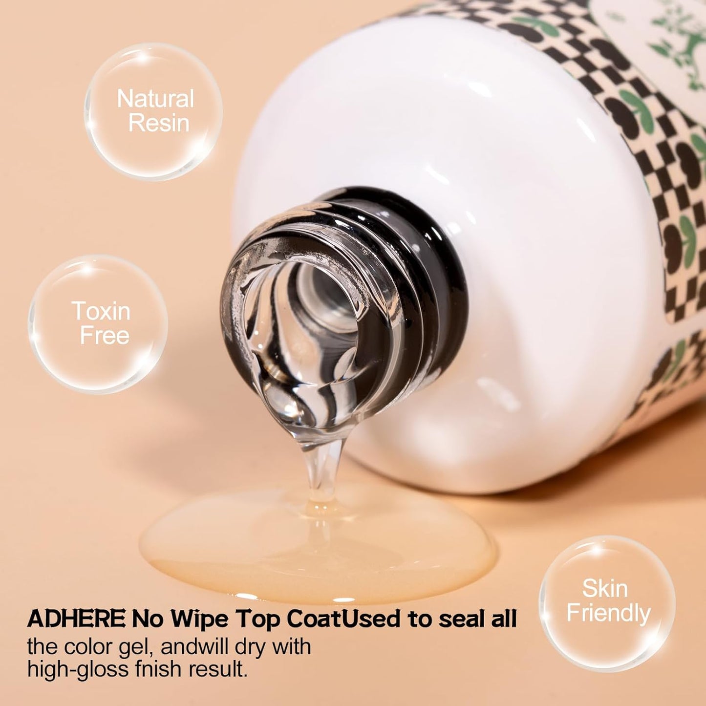 ADHERE Top Coat- 15ML No Wipe Top Coat Gel Nail Polish,Clear Color Gel Shine Finish and Long Lasting, Soak Off Nail Lamp,for Home DIY and Nail Salon