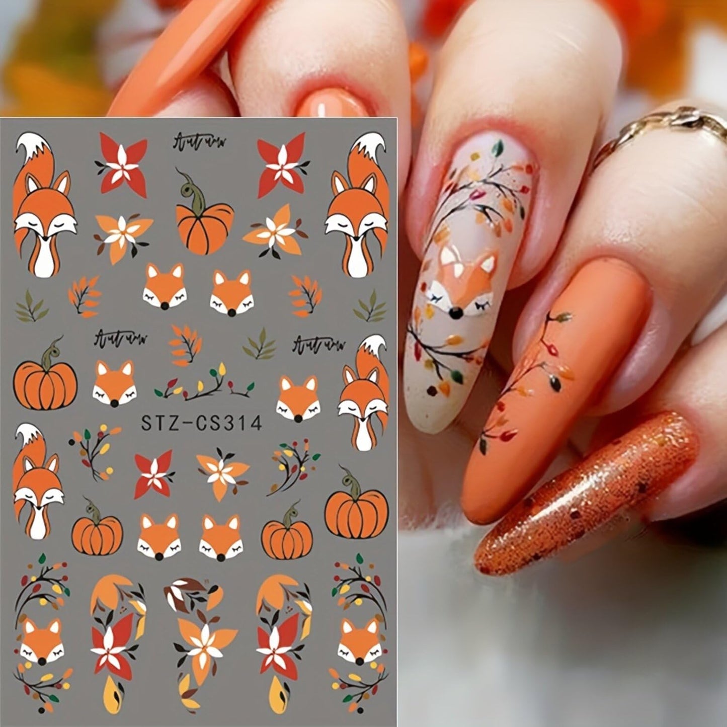 5 Sheets Fall Nail Art Stickers Maple Leaves Nail Decals 3D Self Adhesive Nail Stickers Decals Cute Fox Pumpkin Mushroom Design Autumn Nail Supplies for Women DIY Manicure Decoration