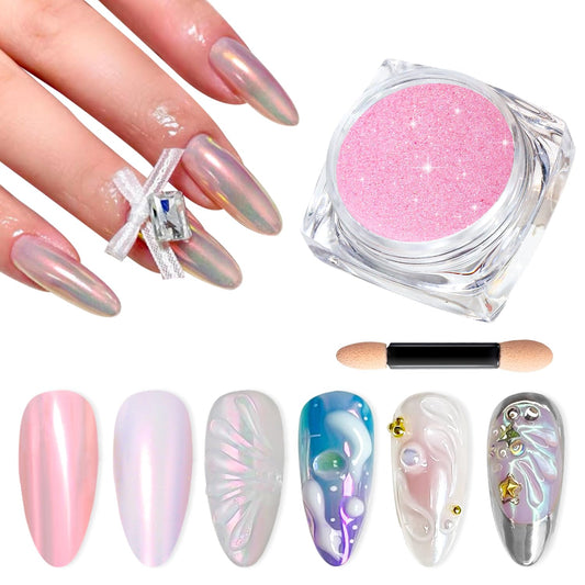 Chrome Nail Powder -【Fairy Effect】Pink Chrome Nail Powder Aurora Mermaid Iridescent Chrome Powder For Nails, Pink Chrome Powder Metallic Mirror Glitter Pigment Dust For Manicure Decoration