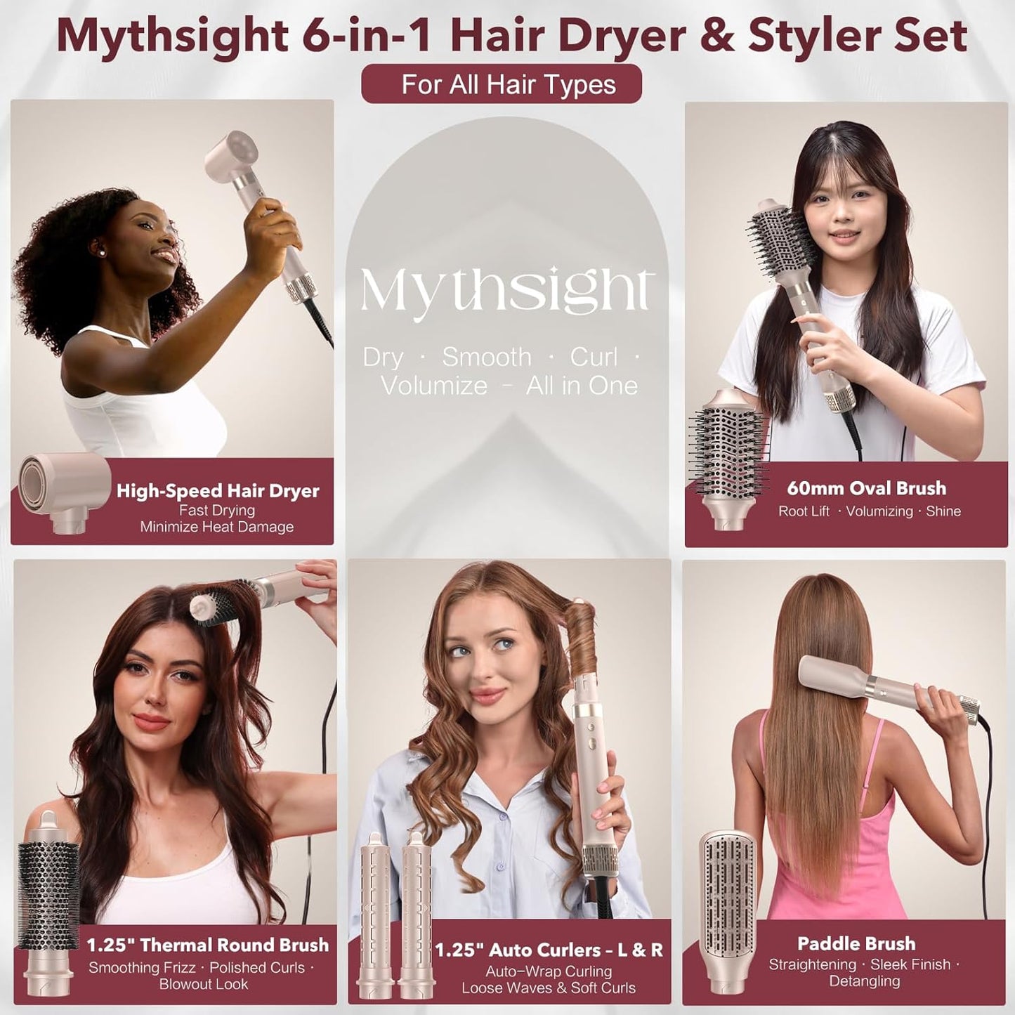 StyleVibe 6-in-1 Multi-Styler, Blow Dryer Brush & Thermal Brush with Auto Wrap Curl L/R, Fast Drying, Smooth Blowouts, Root-Lift Volume, No Heat Damage Frizz-Free Air Styler with Travel Bag
