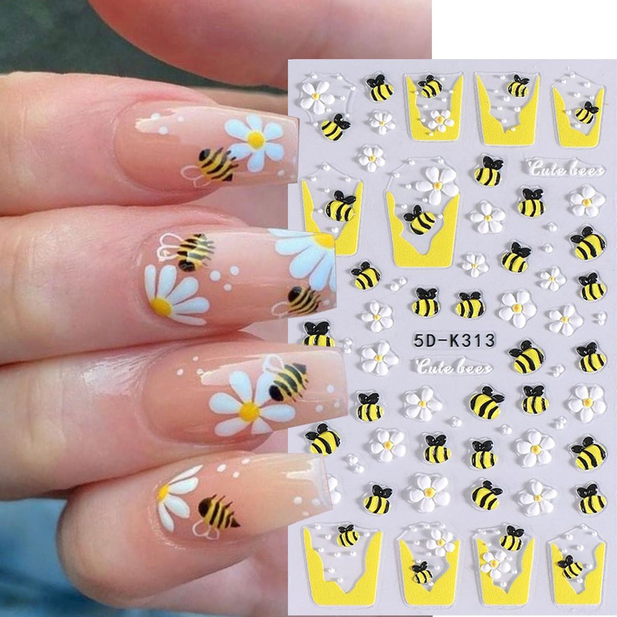 Flower Nail Sticker French Tips Nail Decals Insect Nail Art Stickers Bee Ladybug Daisy Five Petal Floral White Yellow Pink Design Cute Nails Stickers for Nails Art Summer Manicure Decor for Women