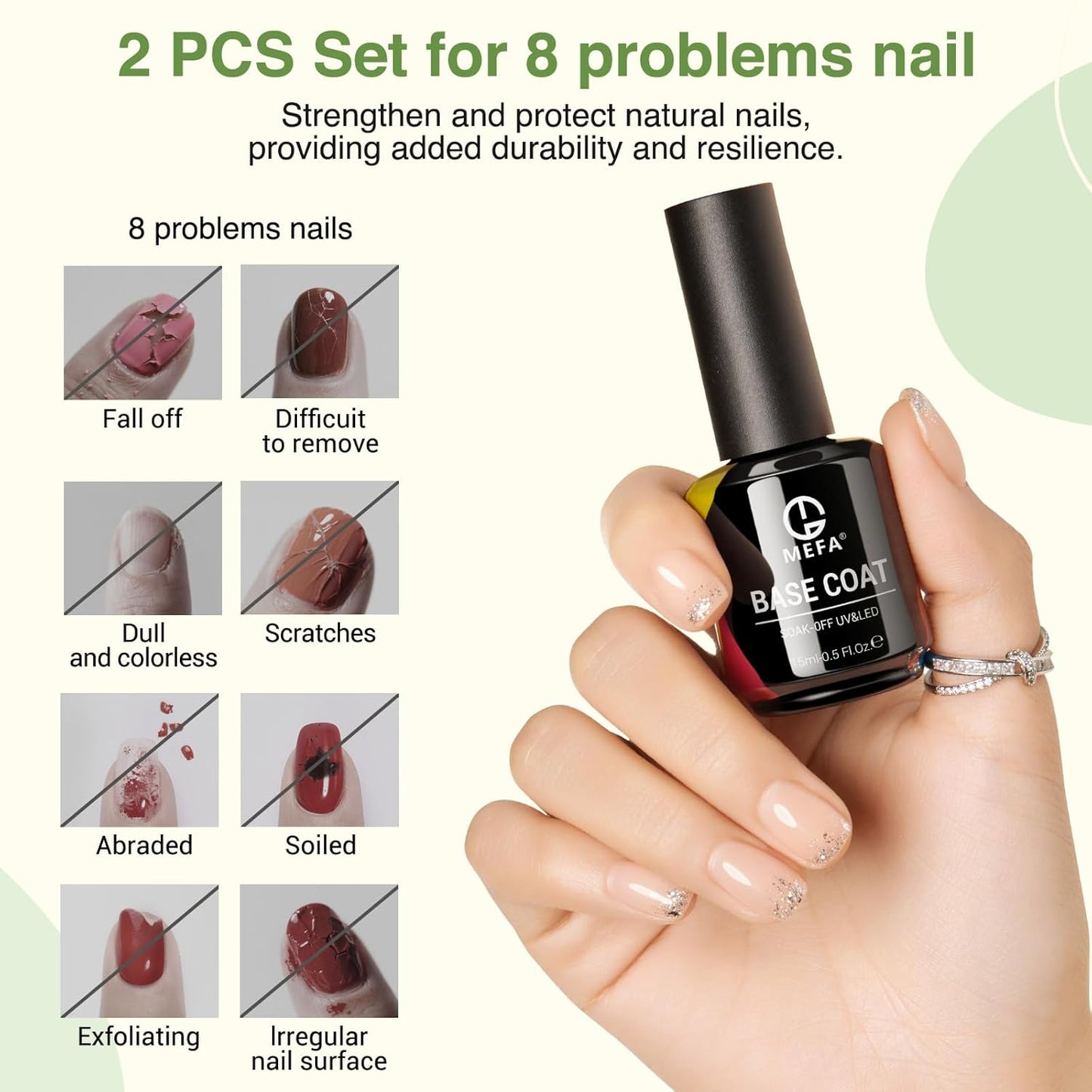 MEFA 2 Pcs 15ml Gel Top Coat and Base Coat Set, No Wipe Gel Nail Polish Base and Top Coat, Long Lasting Glossy Shine Effect Soak Off LED Nail Lamp Top Base Coat Nail Art DIY Manicure Holiday Gifts