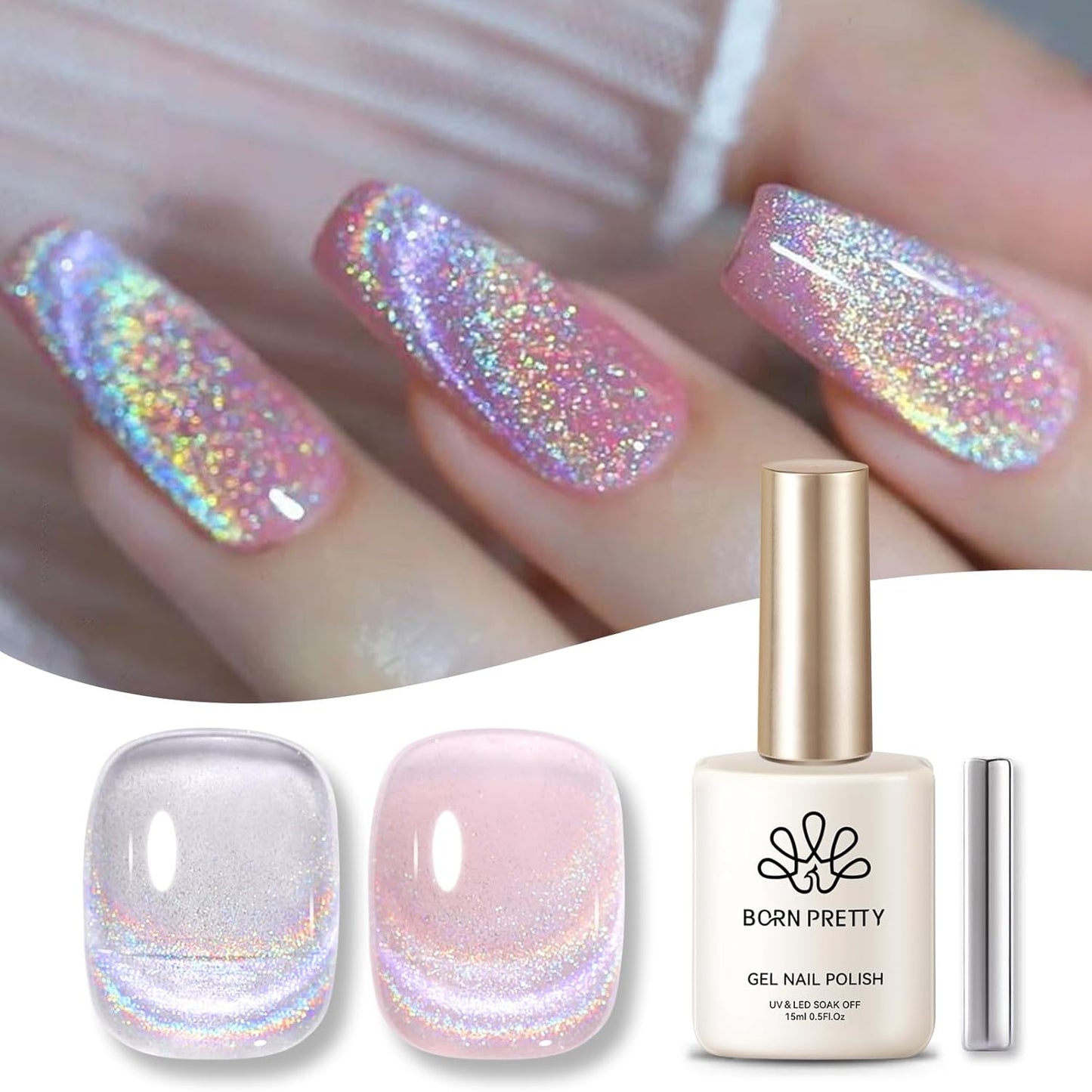 Born Pretty Magnetic Gel Nail Polish Silver Holographic Cat Magnetic Eye Gel Polish Nail Gel Soak Off Nail Art Salon Manicure Collection Gift