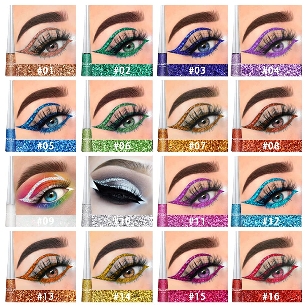 evpct 16 Color Liquid Glitter Eyeliner Sets Eyeliner Glitter Liquid Liners for Women White Silver Rose Gold Pink Sparkly Sparkle Shimmer Eyeliners delineador con glitter de colores para ojos colores