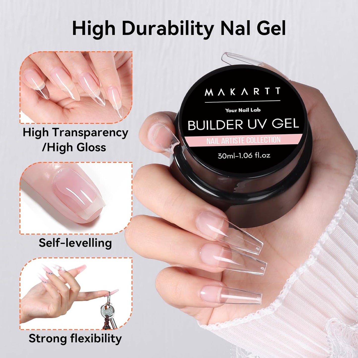 Makartt Clear Gel Builder Kit: Self-Levelling, Long Lasting Extension Hard Gels for Strengthener, Broken Nails Repair Gel Kit with Paper Forms, Dual forms, Nail File and Dual-End Brush 1.06 oz