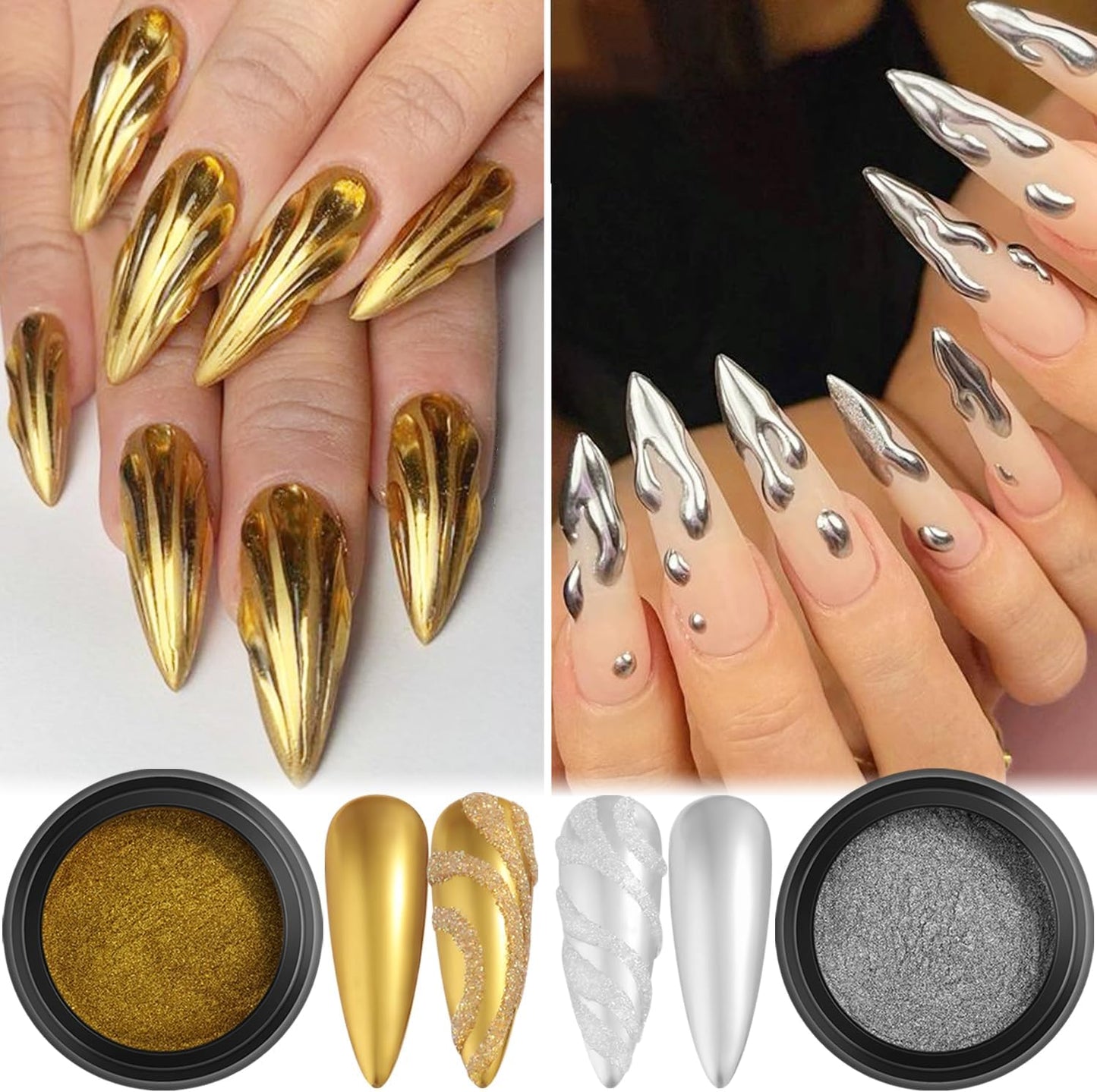 Chrome Nail Powder Set 12 Colors Gold Silver Bronze Chrome Powder for Nails Metallic Nail Glitter Red Green Blue Mirror Rub Pigment with 2PCS Extra Fine White Sugar Powder Nail Design