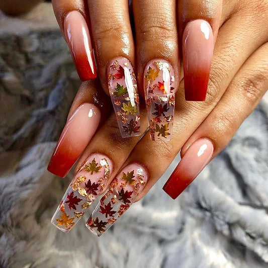 Fall Press on Nails Maple Leaf Sequins Fake Nails Thanksgiving Gradient Long Coffin Nail Glossy Autumn Maple Leaves Acrylic Glue on Nail for Women DIY Manicure