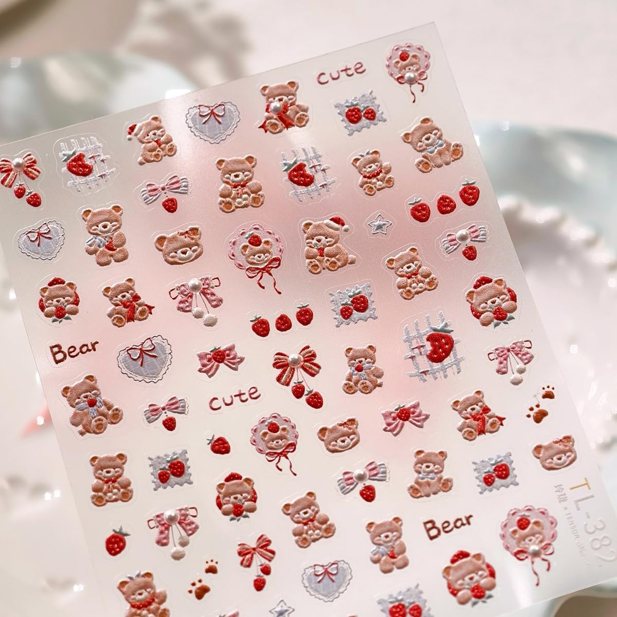 Cute Nail Stickers Bear Nail Art Decals Strawberry with Design Nails Art Stickers 5D Embossed Charms Self Adhesive Nails Decals for Women Girls Kid Manicure DIY Decoration Accessories