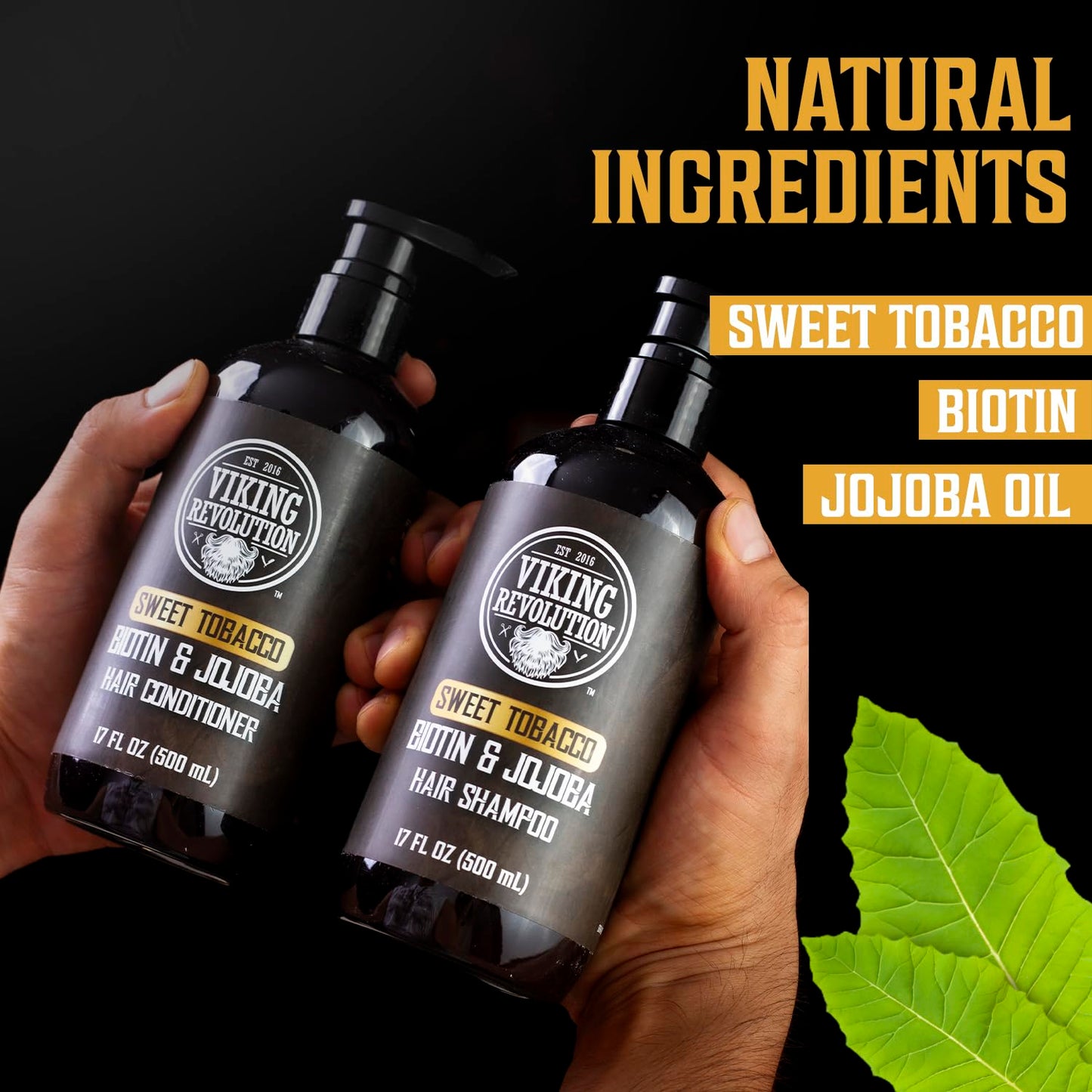 Viking Revolution Sweet Tobacco Mens Shampoo and Conditioner Set with Biotin and Jojoba Oil - Natural Hair Shampoo and Hair Conditioner for Men with Vitamin B5 - Mens Shampoo for Thinning Hair (17Oz)