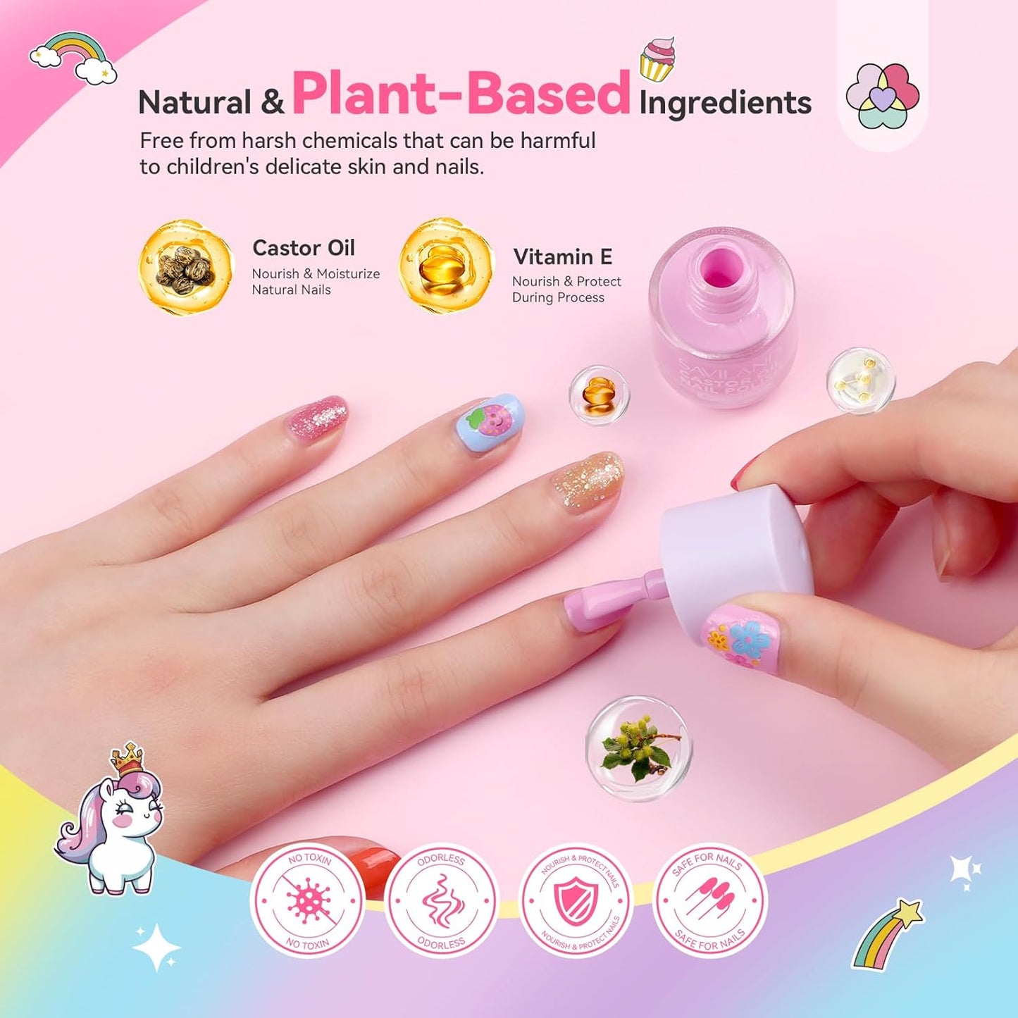 SAVILAND Glamkids Kids Nail Polish Quick-Dry:Non-Toxic Nail Polish Set 12 Colors Water Based Peel-Off Toddler Fingernail Polish Natural Safe Castor Oil Nail Lacquer Kit with Sticker for Girl Ages 5-12