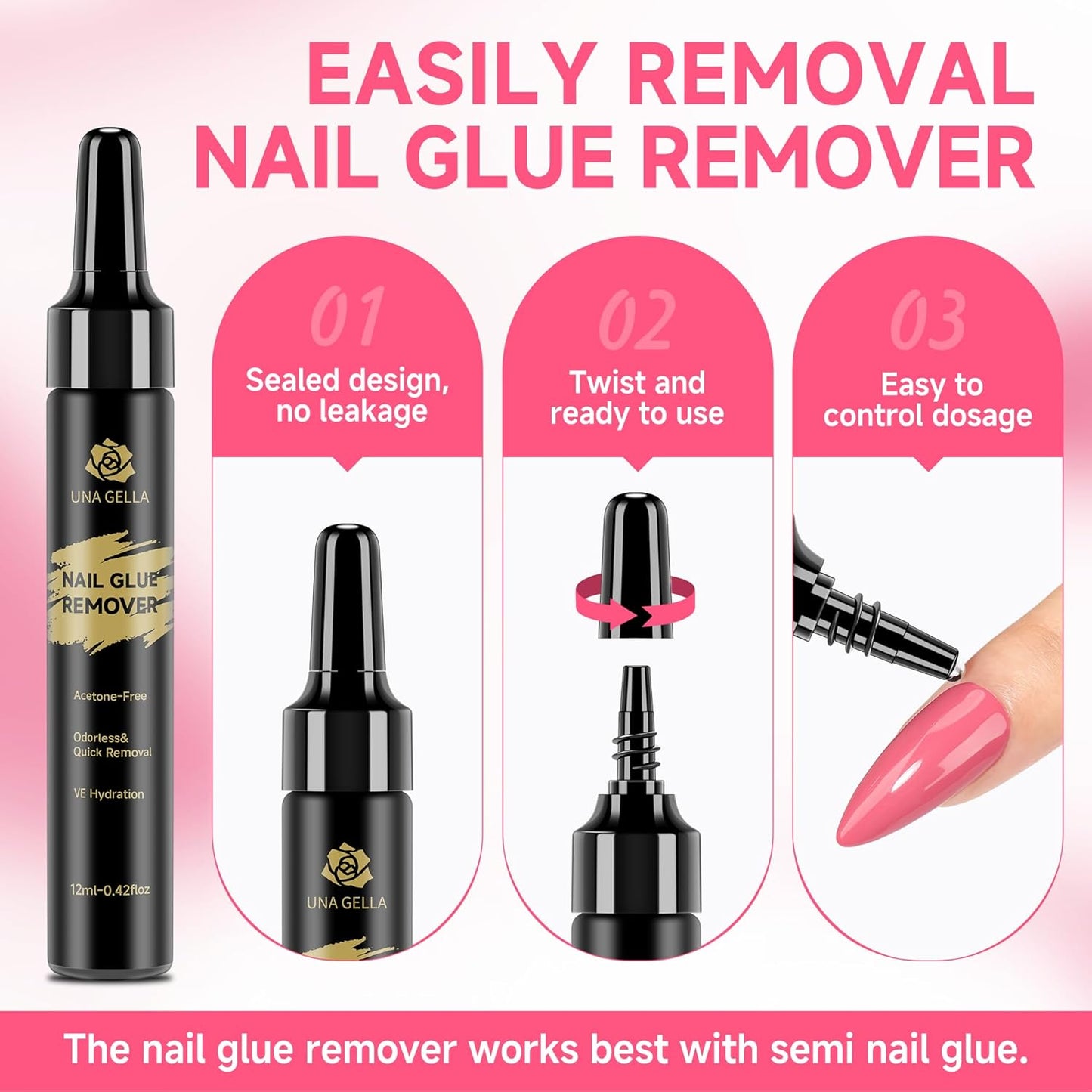 UNA GELLA Lamp-Free Semi Solid Nail Glue for Press Ons: 10ml and Soak Off Gel Nail Glue Remover for False Acrylic Nails 12ml, Super Strong G LUE Quick Removal Kit