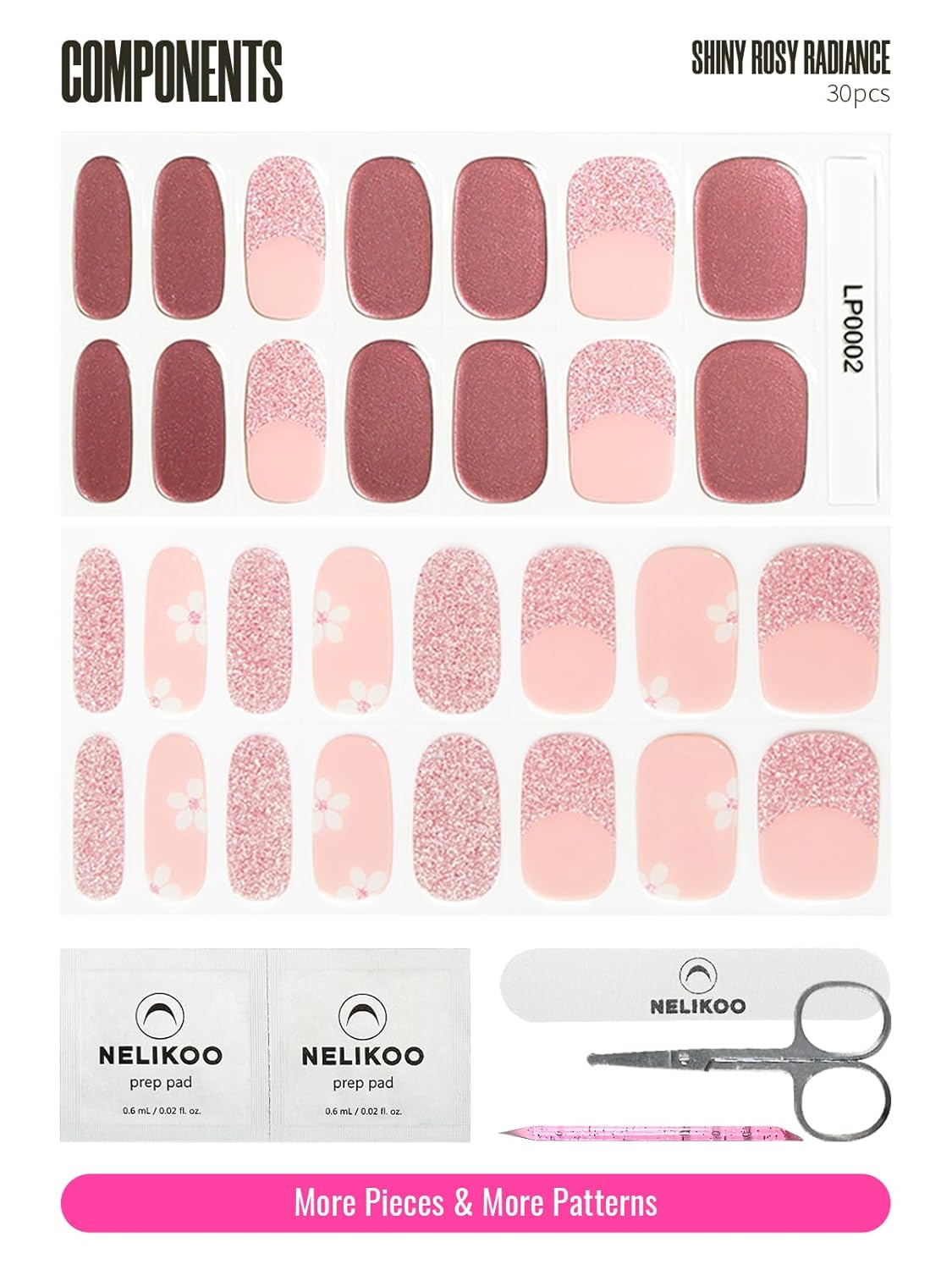 Semi Cured Gel Nail Strips, 30pcs Gel Nail Wraps, Salon-Quality, Easy to Apply, 2 Weeks Long Lasting (Shiny Rosy Radiance)