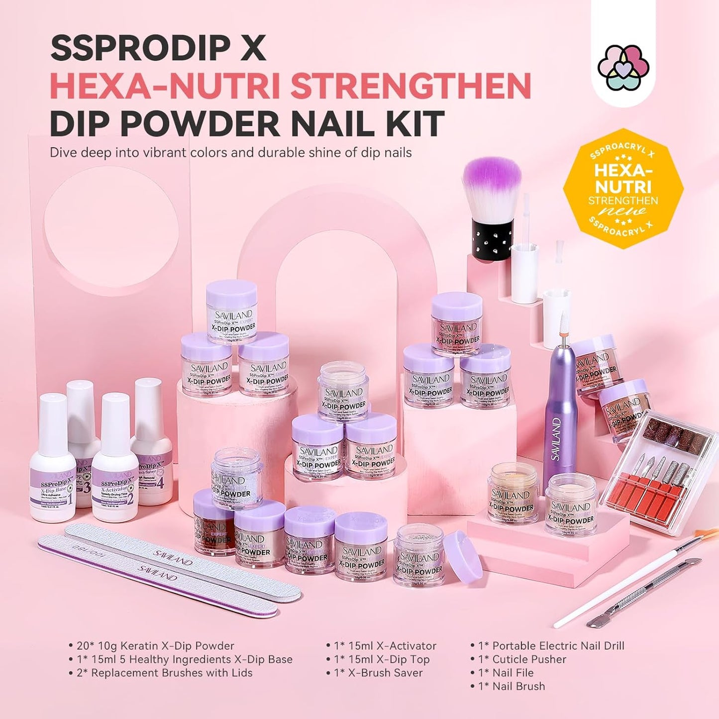 SAVILAND Dip Powder Nail Kit with Drill: 20 Colors All Season Nude Pink Keratin Dip Nails Powder Starter Kit with Dip Base Activator Top Coat Brush Saver for French Nail Art Manicure Home DIY