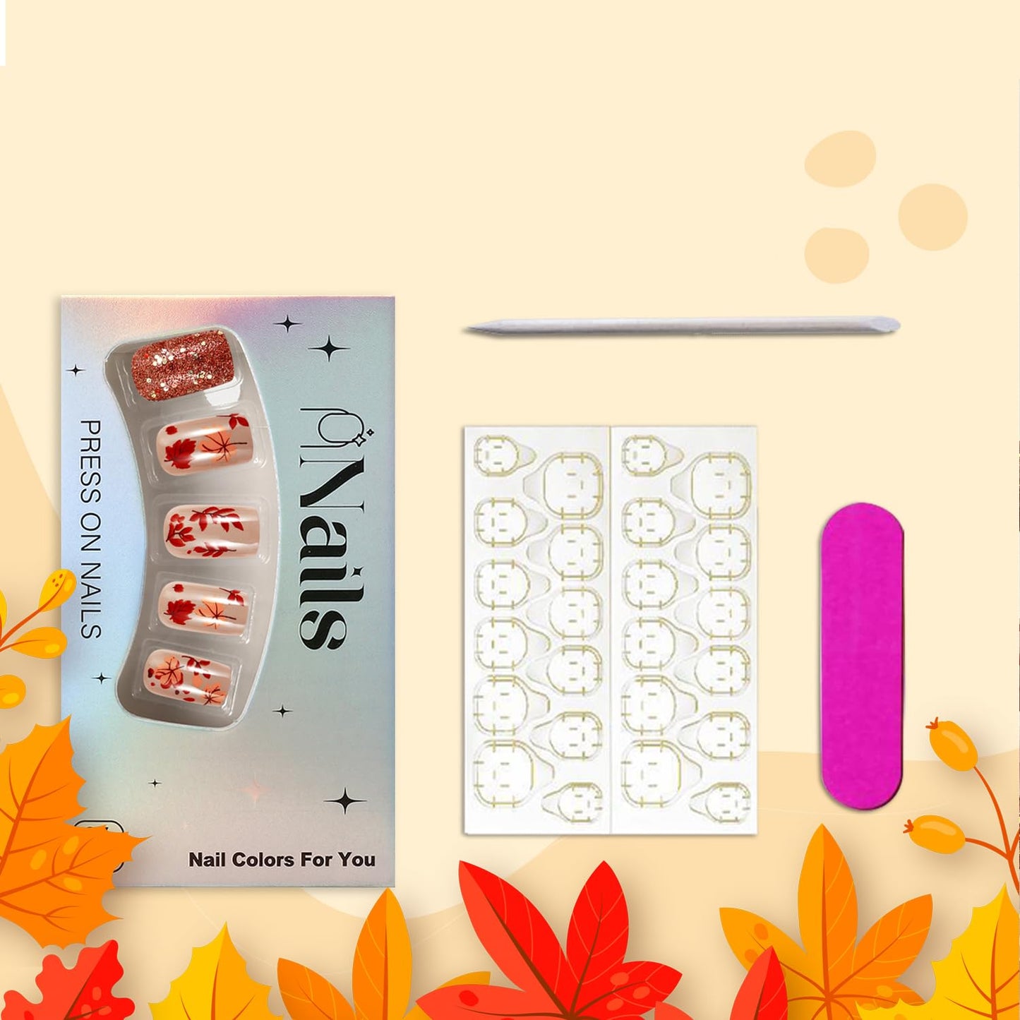 Glitter Fall Press on Nails Thanksgiving Maple Leaf Fake Nails Medium Square Vintage Glue on Nail Glossy Autumn Maple Leaf Stick on Nail for Women DIY Manicure
