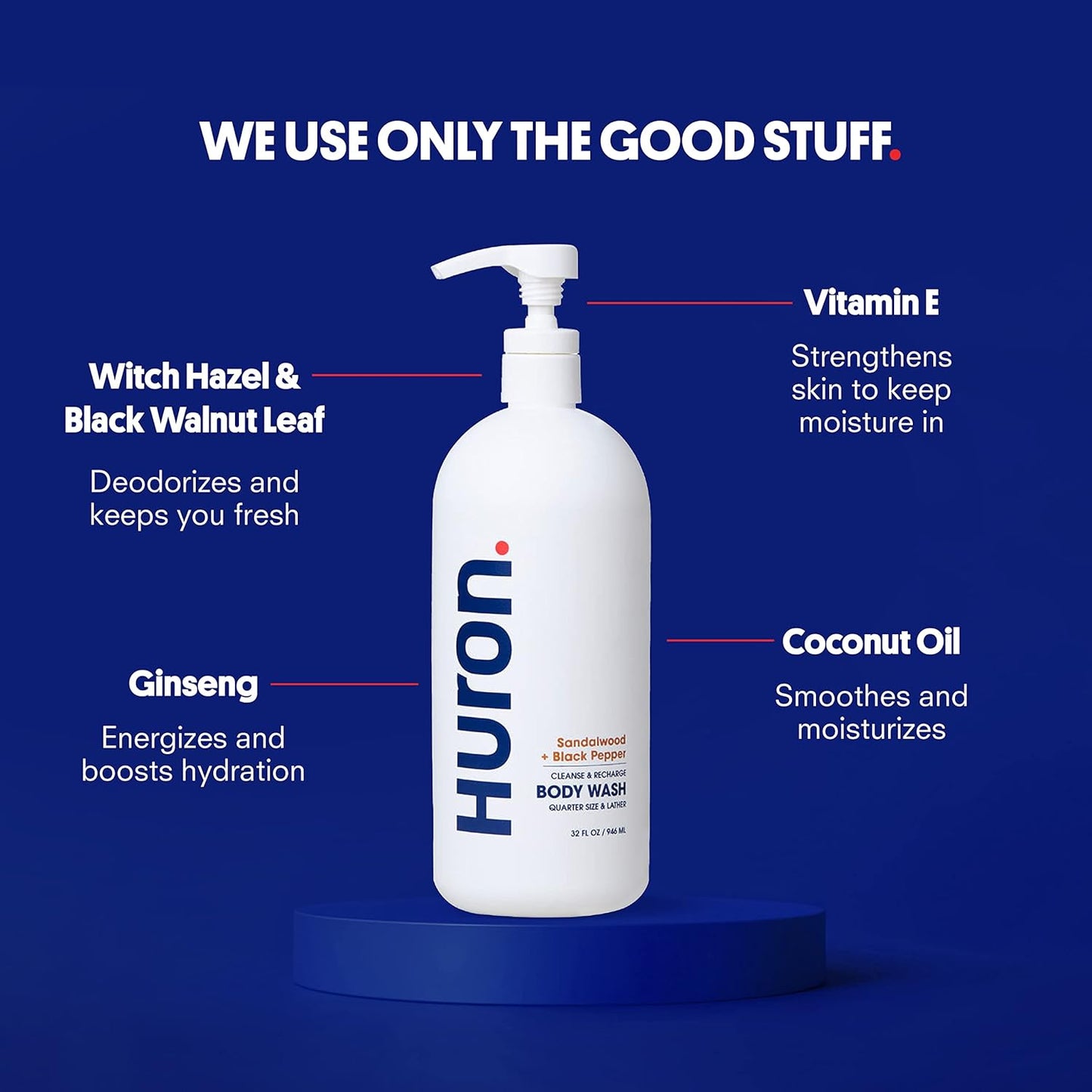 Huron Men’s Moisturizing Body Wash - Clean & Woody Scent of Sandalwood, Black Pepper, Cedarwood, & Amber - Made With Coconut Oil, Vitamin E & Witch Hazel - Vegan, Cruelty-Free - 30.3 fl oz