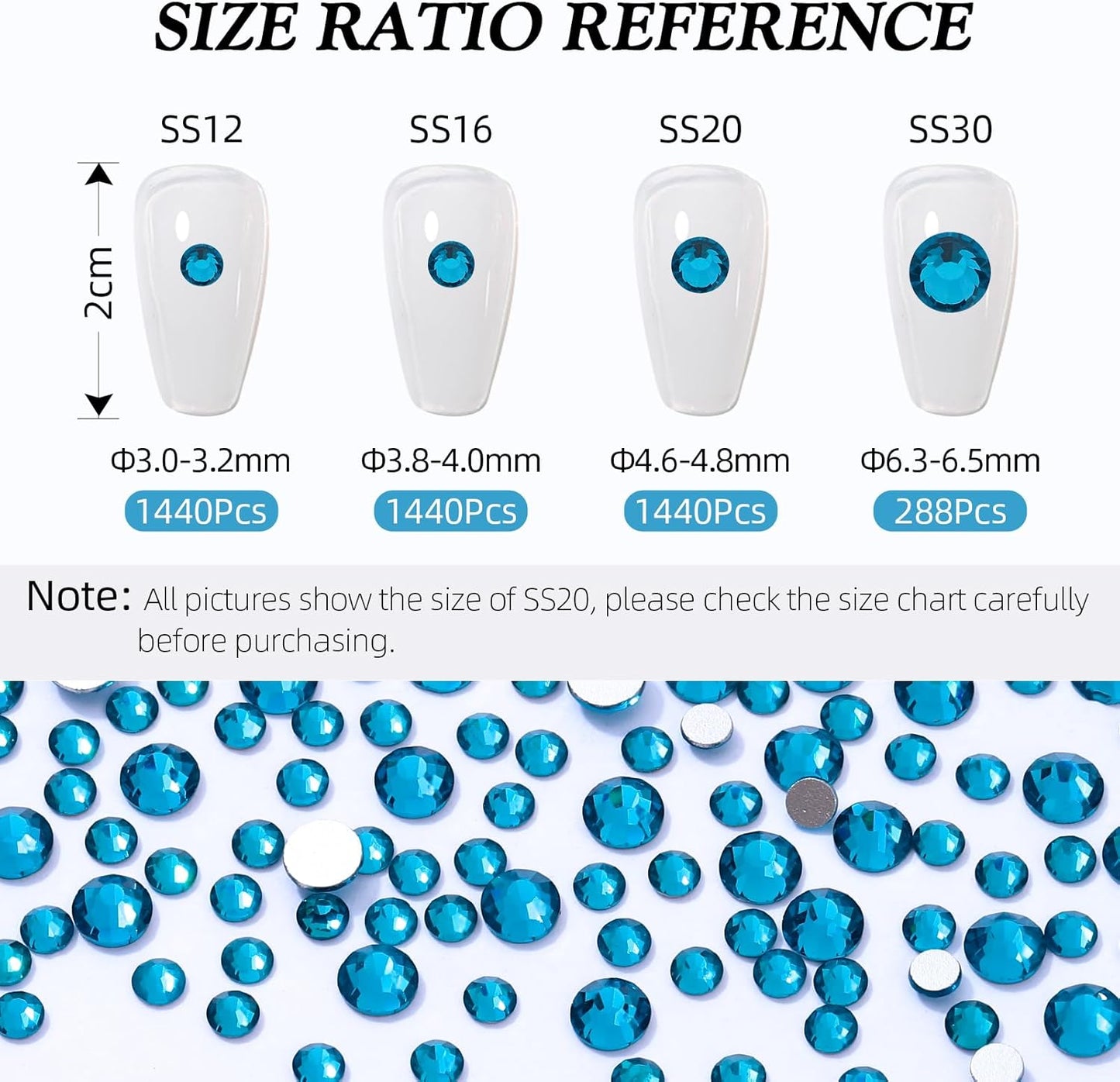 Malachite Blue Flatback Rhinestones, Glass Rhinestones for Nail Art and Craft, Glue Fix, Loose Crystal Gemstones(Malachite Blue, SS12, 1440pcs, 2.9-3.0mm)