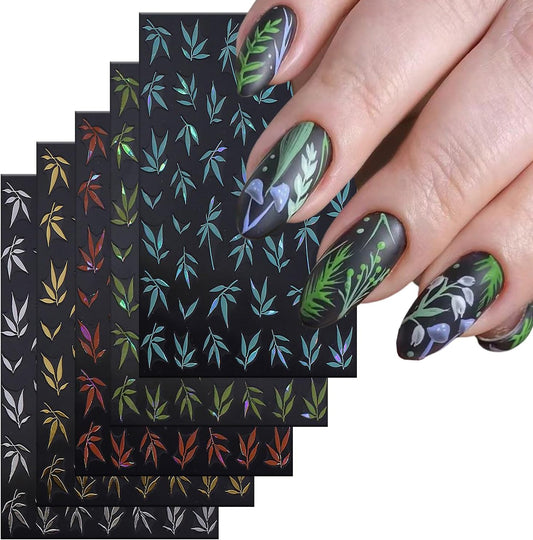 5 Sheets Bamboo Nail Art Stickers 3D Self -Adhesive Colorful Bamboo Nail Decals Holographic Gold Silver Blue Green Orange Nail Sticker Unique Chinese Style Nail Decoration for Women Manicure Supplies