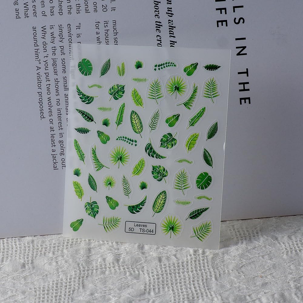 Fall Nails Stickers Monstera Leaves Nails Sticker 5D Embossed Banana Leaf Self Adhesive Sticker Nail Decals Green Leaves Thanksgiving Nail Art Decal Halloween Decals for Nail DIY Manicure 1Sheet