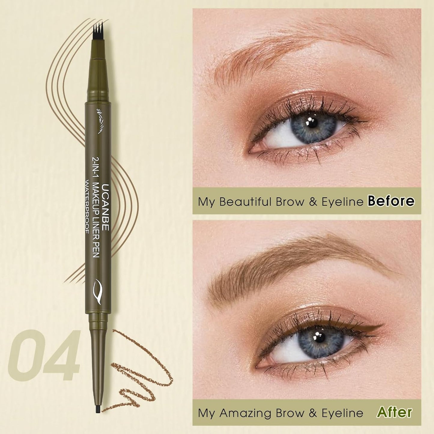 UCANBE Eyebrow Pen, Dual-Ended Eyebrow Pencil with 4-Fork-Tip & Gel Eyeliner for Women, Eye Brow Pen with Gel Eyeliner Pencil, Microblading Eyebrow Pencils with Hair Like Strokes, Light Brown/Blonde