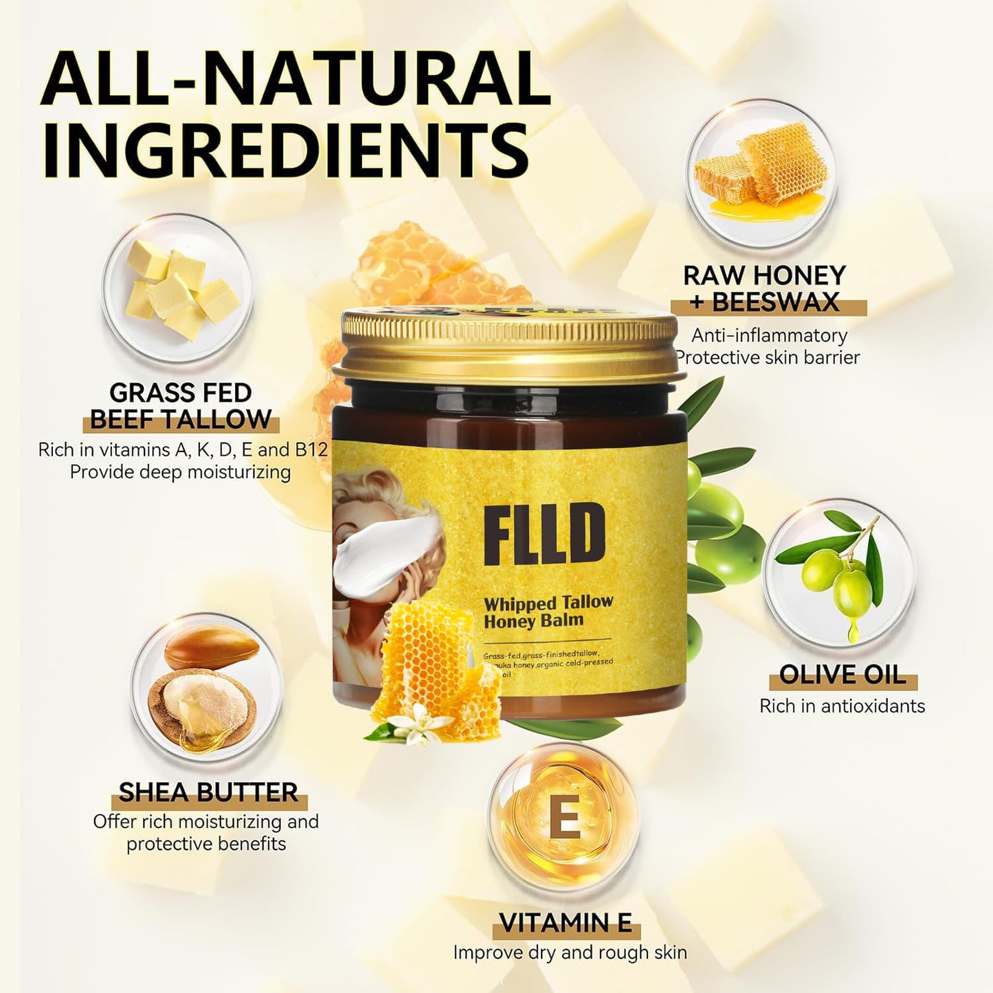 Organic Grass Fed Whipped Tallow and Honey Balm 4oz - Facial Cream, Lip Moisturizer, Body Balm