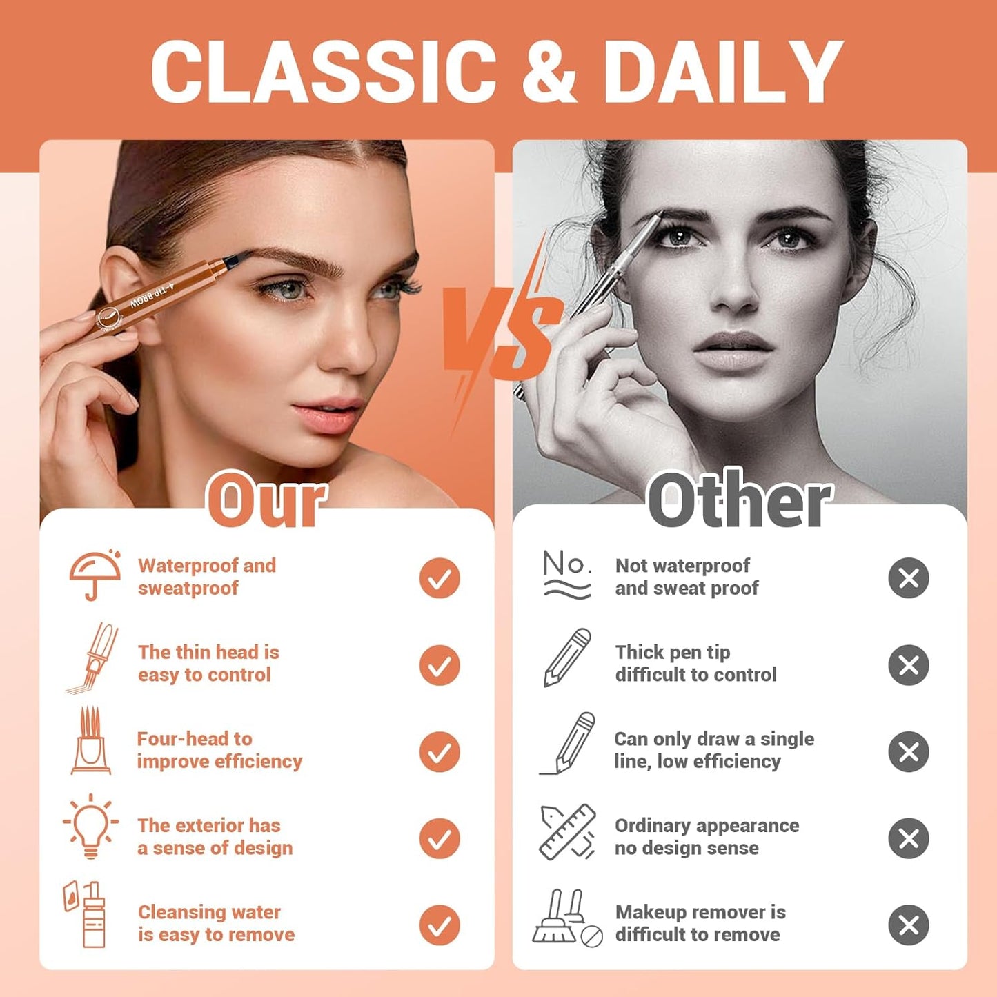 2025 New Magic Eyebrow Pencil, 4 Tipped Precise Brow Pen 3D Waterproof Microblading Contouring Pen Fine Stroke Microblading Eyebrow Pencil Creates Natural (Dark Brown)