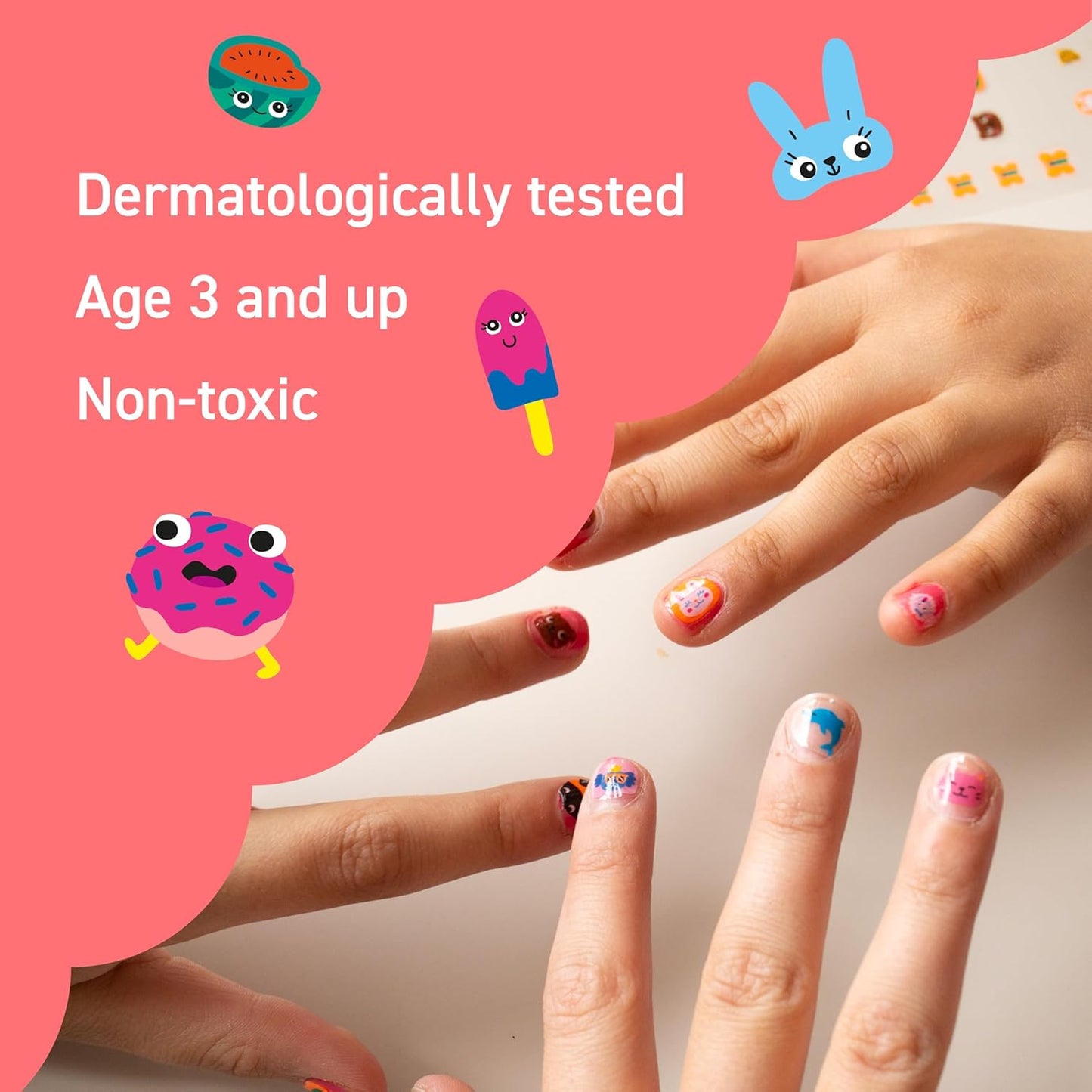 Omy Kawaii Nail Stickers for Kids - 200 Stickers, Waterproof, Durable, Fun, Creative Designs | Strong Enough to Last Through Hand Washing - Easy to Apply, Safe, Non-Toxic | Age 3 and Up