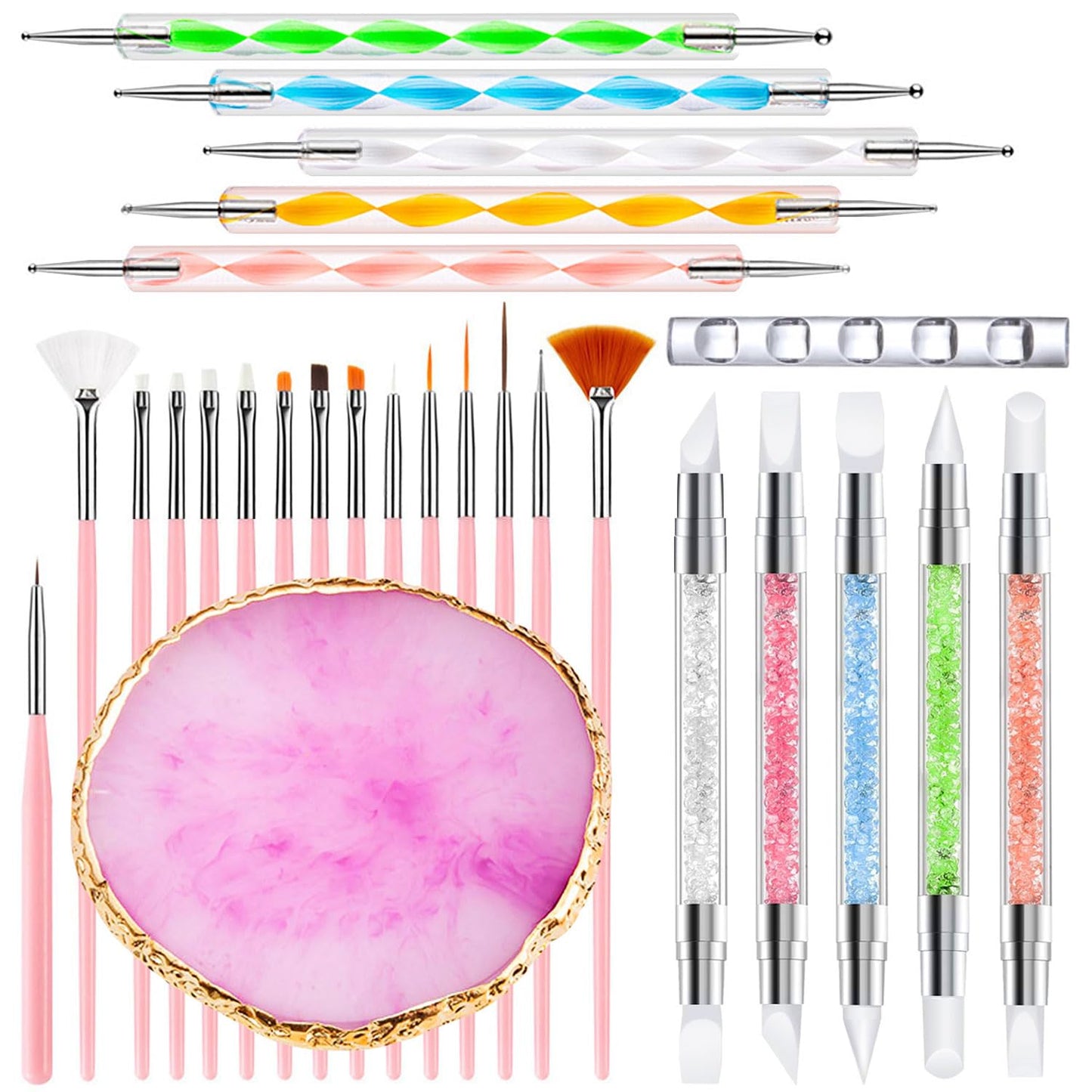 Nail Art Tools 27Pcs Set,Nail Art Brush,Resin Nail Art Palette,5 Pcs Nail Art Sculpture Pen,2-way Acrylic Silicone Engraving Pen Dotting Pen Tools Nail Art Kit for Nail Art DIY