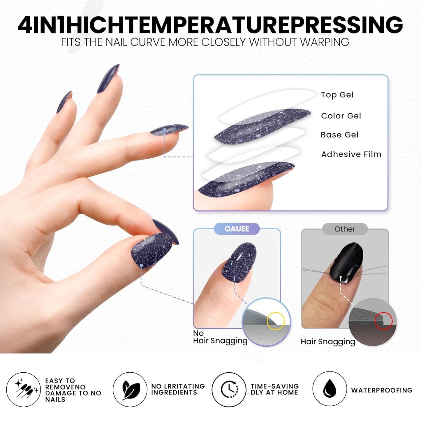 Semi Cured Gel Nail Strips | Built-In Gel Top Coat | UV Light Required | Salon Quality, Easy Application And Removal (Slate Sparkle)
