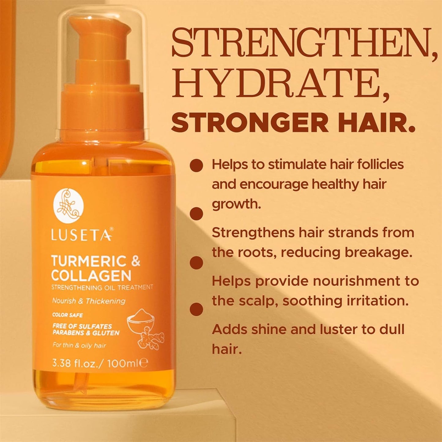 Luseta Turmeric & Collagen Hair Serum for Damaged and Thining Hair, Strengthening Oil Treatment Preventing breakage for Women and Men Adding Shine 3.38oz