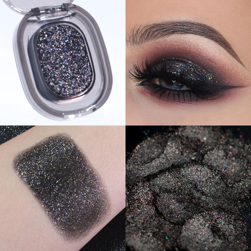 Black Glitter Eyeshadow Palette Makeup for Women, Glitter Shimmer Metallic Holographic Iridescent Single Monochrome Eyeshadow Halloween Birthday Party Wear Makeup, Sombras Crema Para Ojos